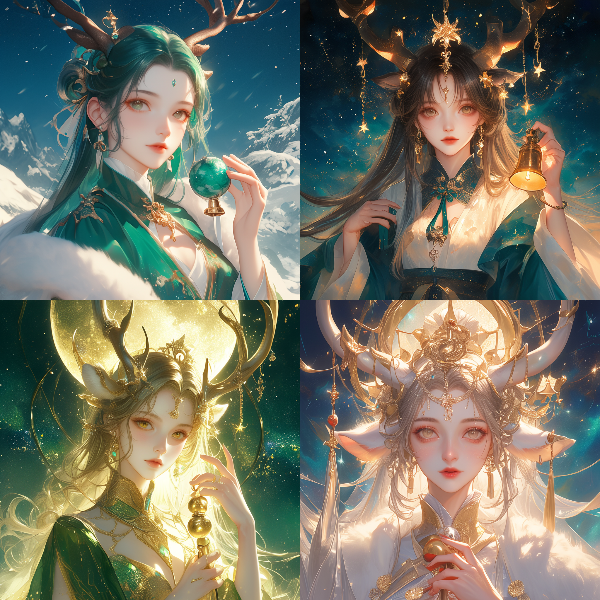 年轻女孩肖像，古代华丽服饰，星座主题，天界鹿女，绿绮琴，神秘气质，银河背景，精致写实，受黄光启发，雪国女王形象，手持铃铛，美丽中性，ai公主，漫画风格，自然星光点缀。