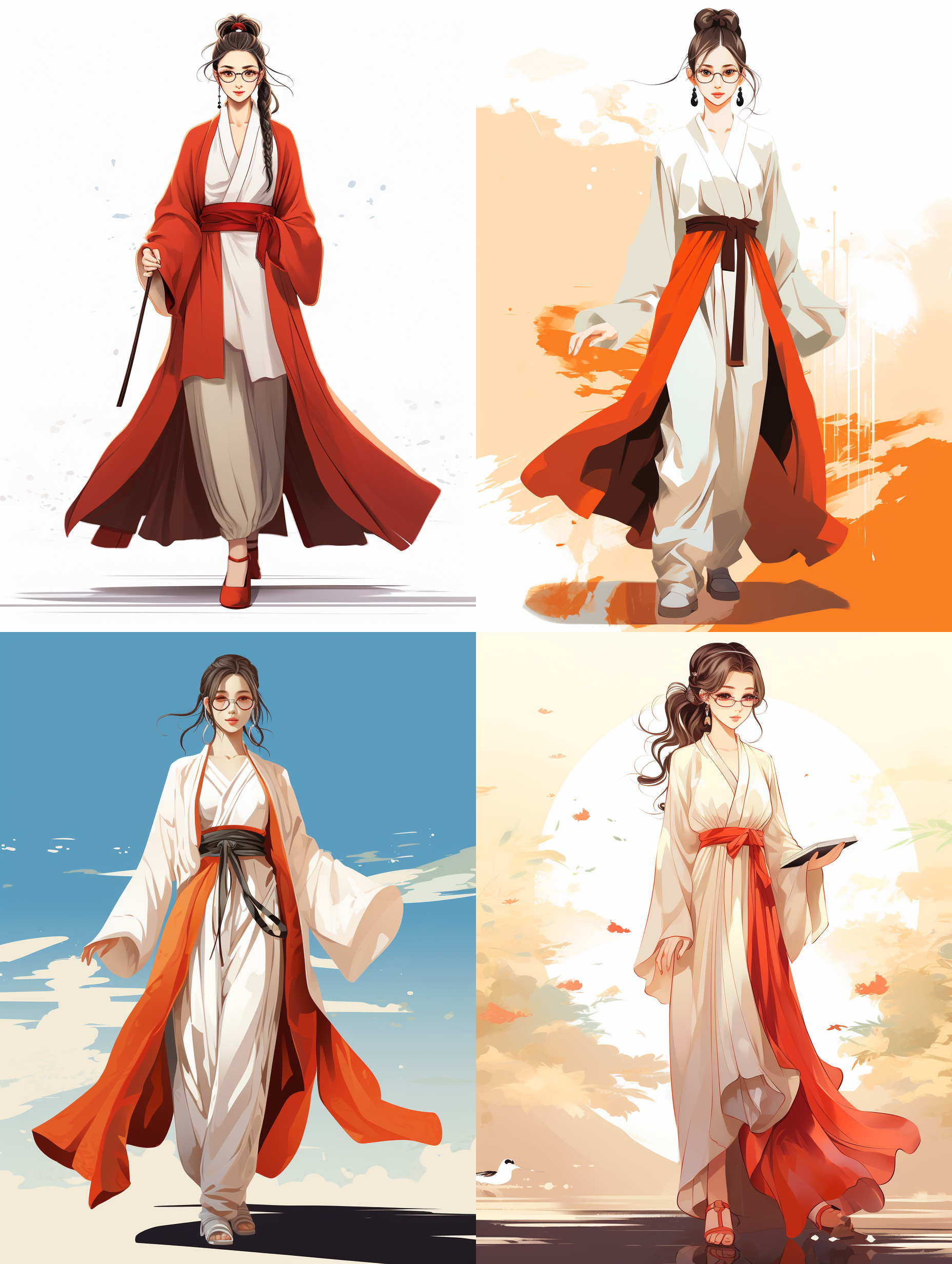 穿汉服，带眼镜，脚上穿着袜子的女生，矢量插画，线条清晰，全身