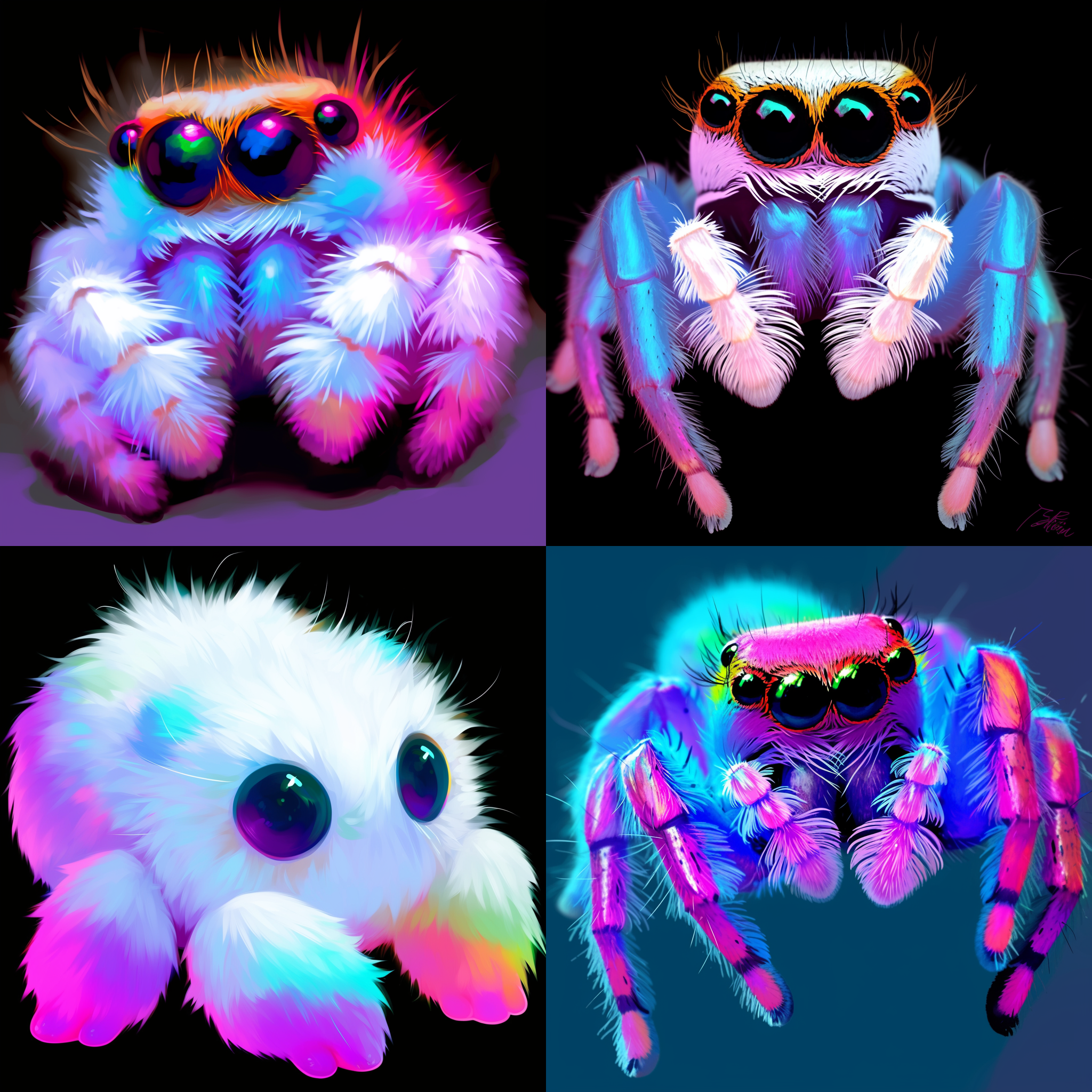 可爱跳蛛特写，灰色身体，大眼睛，q版设计，透明背景，正视图，最高质量，毛发纹理，霓虹光效，无阴影，微距镜头，高清晰度，鲜艳色彩，生动表情。