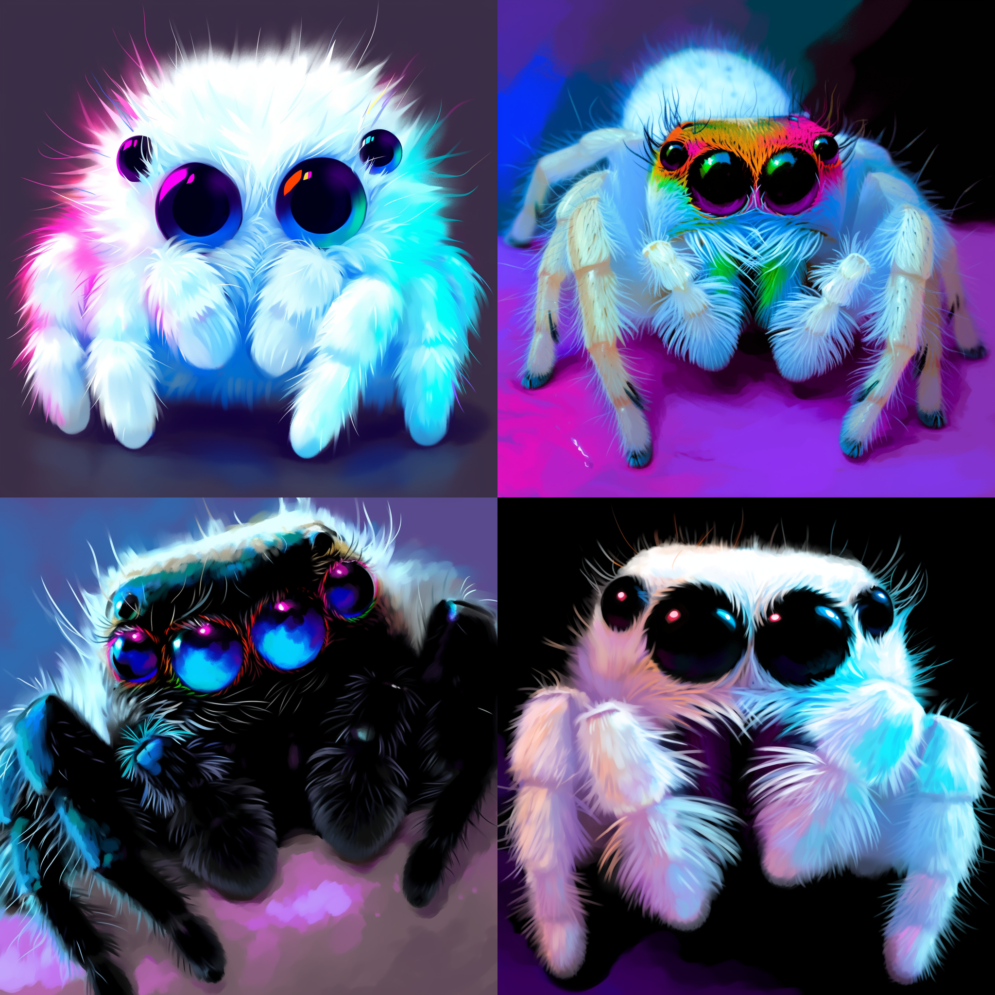 可爱跳蛛，灰色身体，大眼睛,特写眼睛，q版设计，纯色背景，正视图，最高质量，毛发纹理，霓虹光效，没有阴影