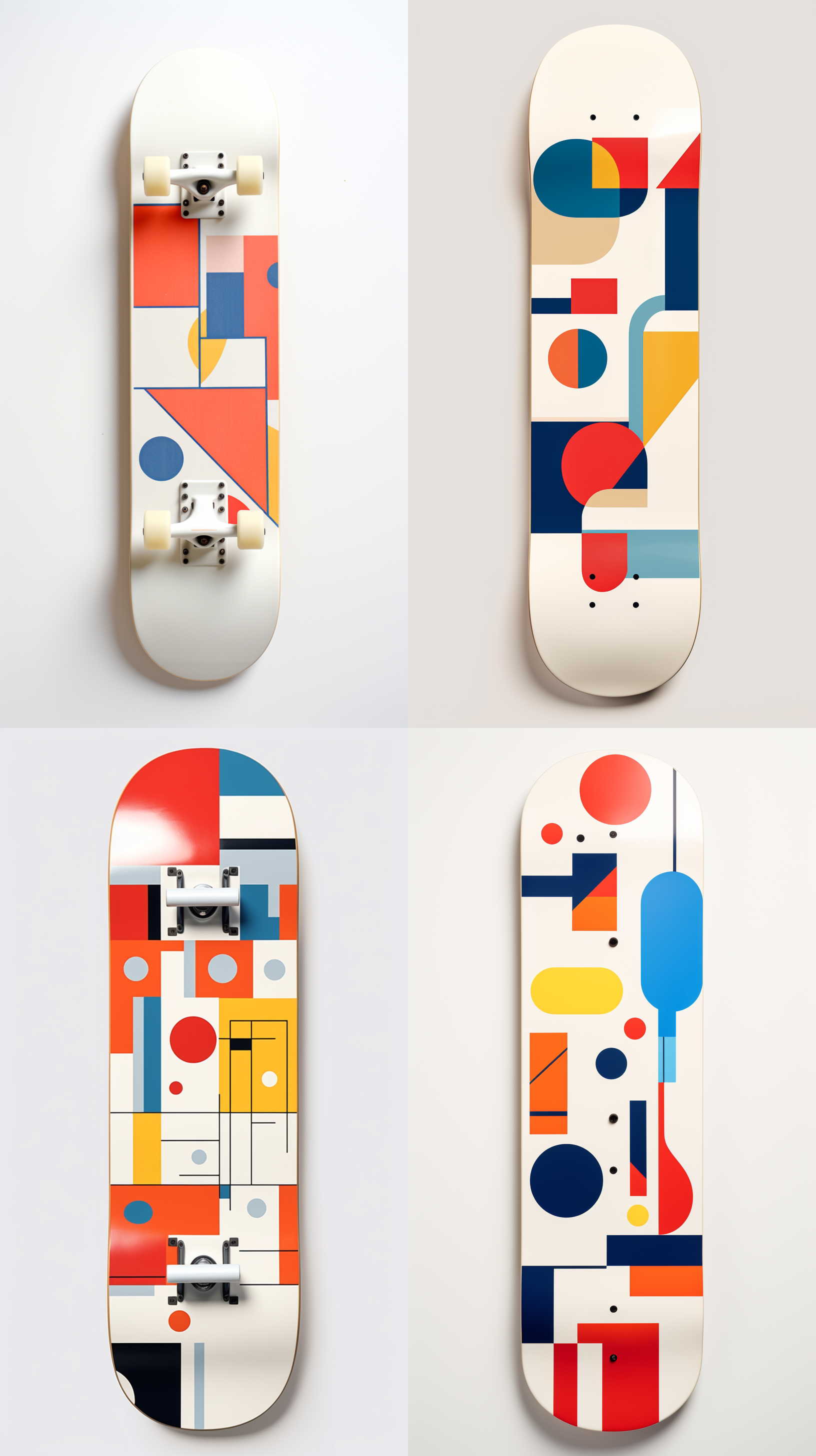 滑板在白色背景上，扁平风格，极简主义设计，明亮色彩点缀，几何形状构成滑板，简约线条勾勒，抽象表现手法，柔和光线照射，创意设计体现现代感。,白色背景,扁平风格,极简主义,明亮色彩,几何形状,简约线条,抽象表现,柔和光线,创意设计,现代感。