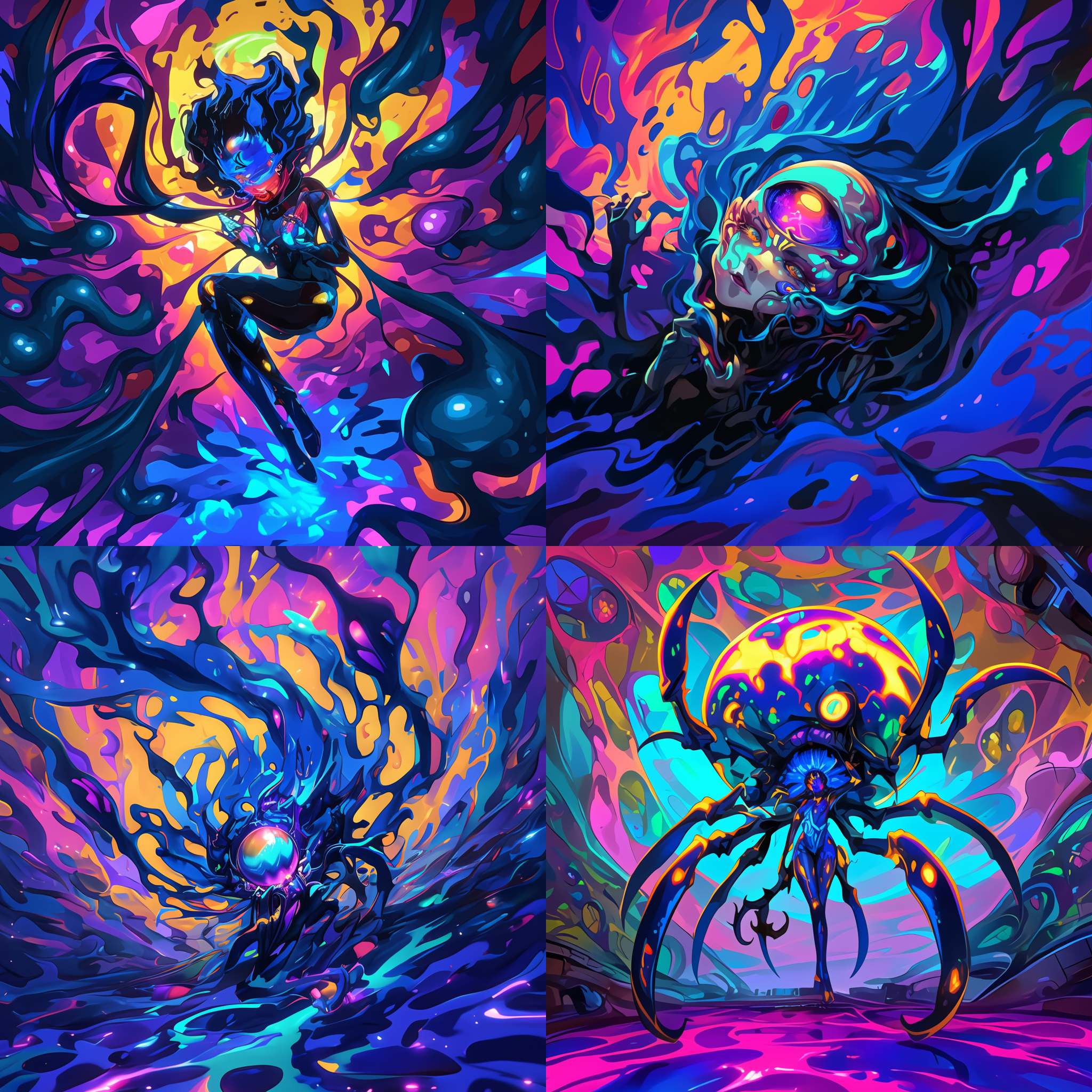 高桥宏之色彩方案，深蓝皮肤，萨巴萨斯阿普特鲁斯，专辑封面，全渐变制作，多边形计数比赛获胜者，迷幻黑光灯，winamp皮肤，zenescope风格，鲜艳色彩，抽象图案，光滑表面，紫外线反射，视觉冲击，梦幻氛围。