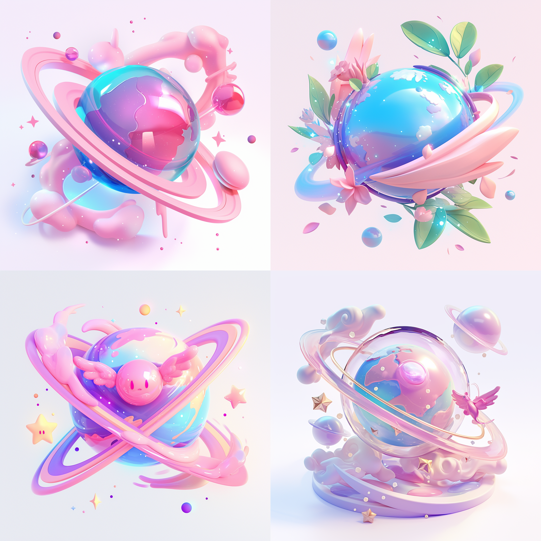 星球3d图标，卡通风格，粘土材料，翅膀装饰，光滑有光泽，任天堂风格，等距视角，淡粉色与淡蓝紫色搭配，聚光灯效果，白色背景，简洁设计，突出细节，高质量，高清，3d渲染，高分辨率，8k，柔和光线，立体感强。