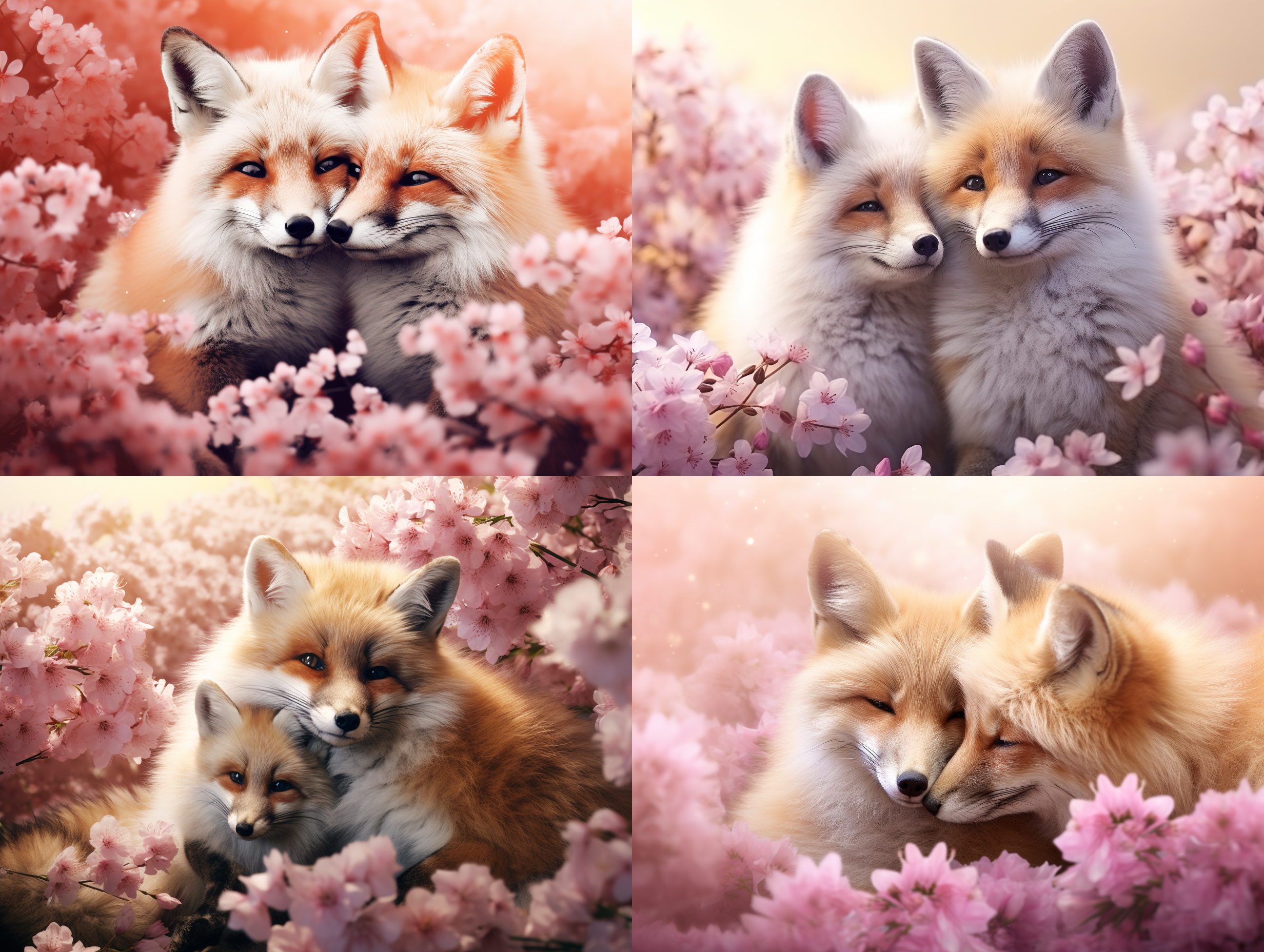 couple animal fox cuddle hug in blossom flowers field in blur background. ai generated image