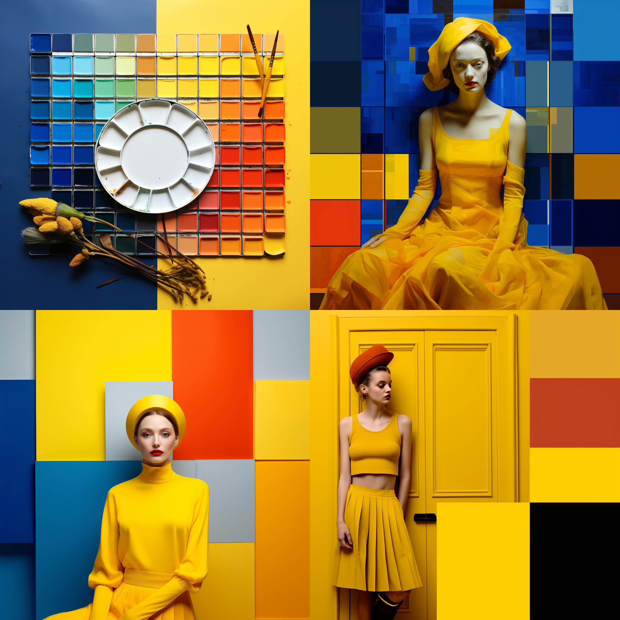 画一副色彩构成作品，色相对比，包含12种颜色，方块，主色调是黄色调