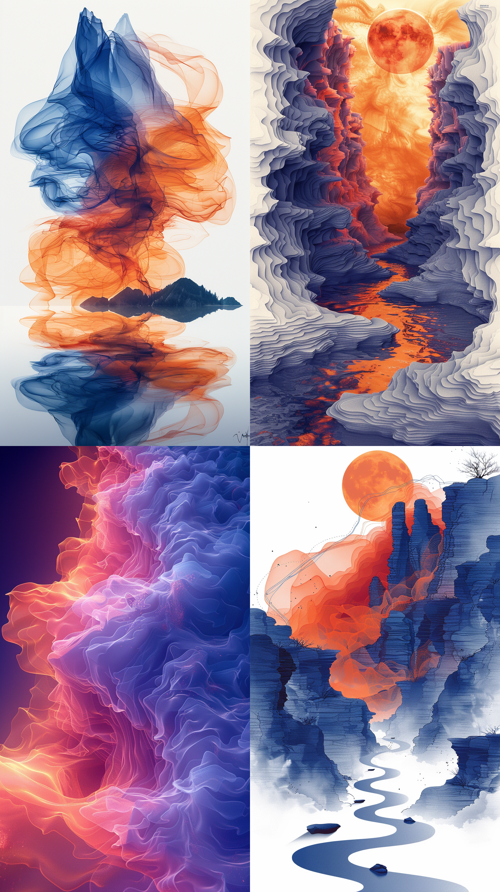 a wire drawing of a mountain, a river lay at the bottom, landscape, white background, blue or orange accent color, contour lines, abstract, illustrations, lines only