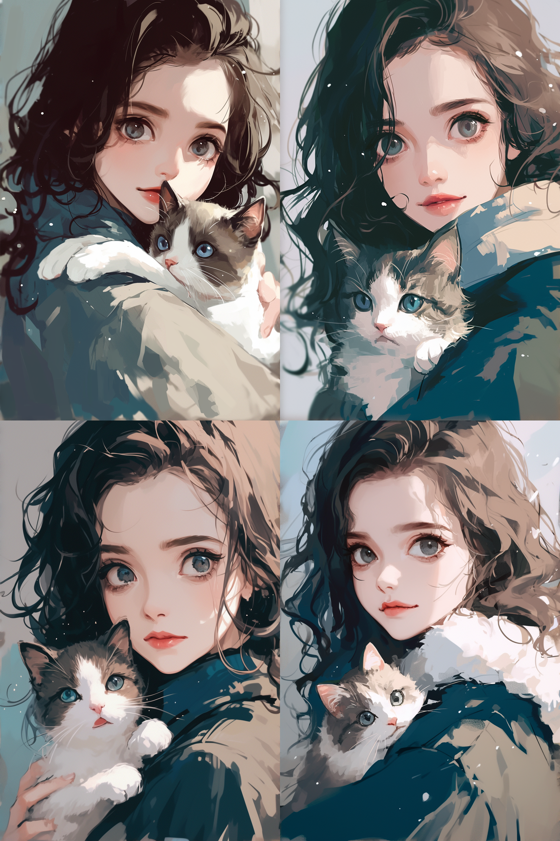 大眼睛女孩抱着猫，脸部特写，点点光影，模糊背景，速写风格，低饱和。