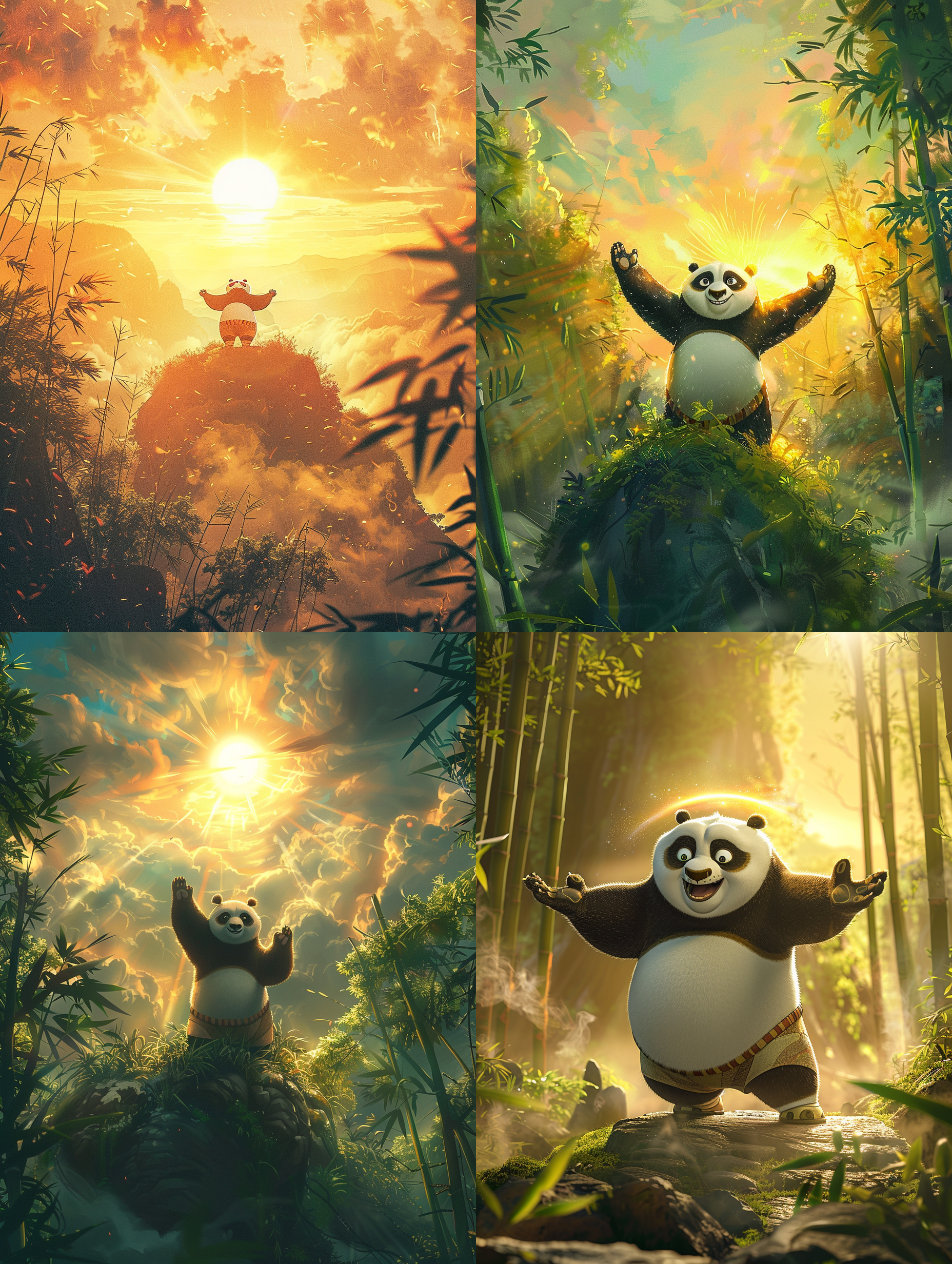 清晨功夫熊猫站山巅，初升太阳金色光环，张开双臂拥抱世界，连绵竹林云雾缭绕，二次元动漫风格，自信微笑，威严智慧，高光对比，远景构图，暖色调，侧逆光，细节丰富，动态捕捉。