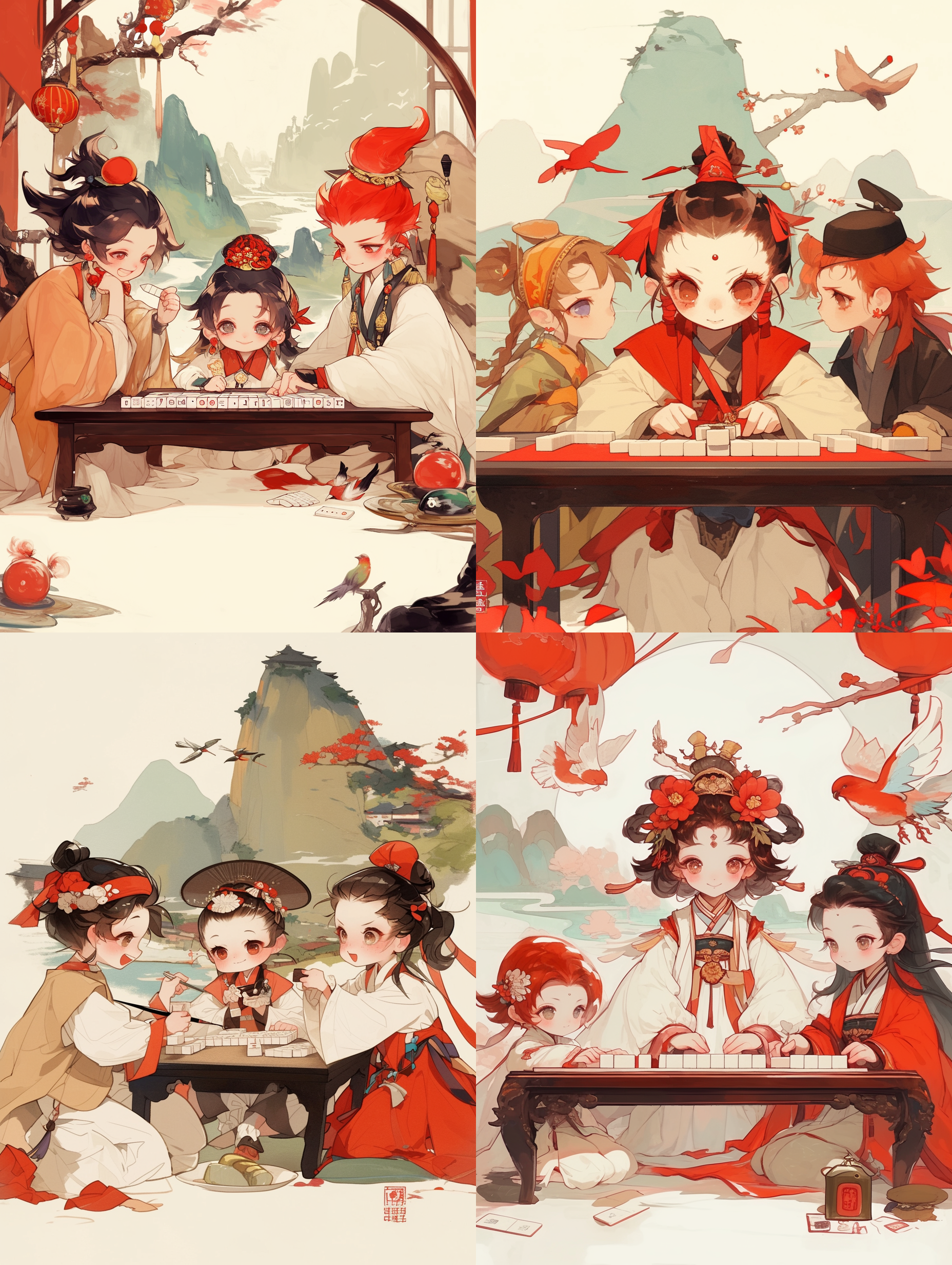 四人在山水背景下打麻将，敦煌壁画风格，暖色调，室内，侧光，广角镜头，动态模糊，麻将牌飞动，专注表情，唐朝服饰 4k高清