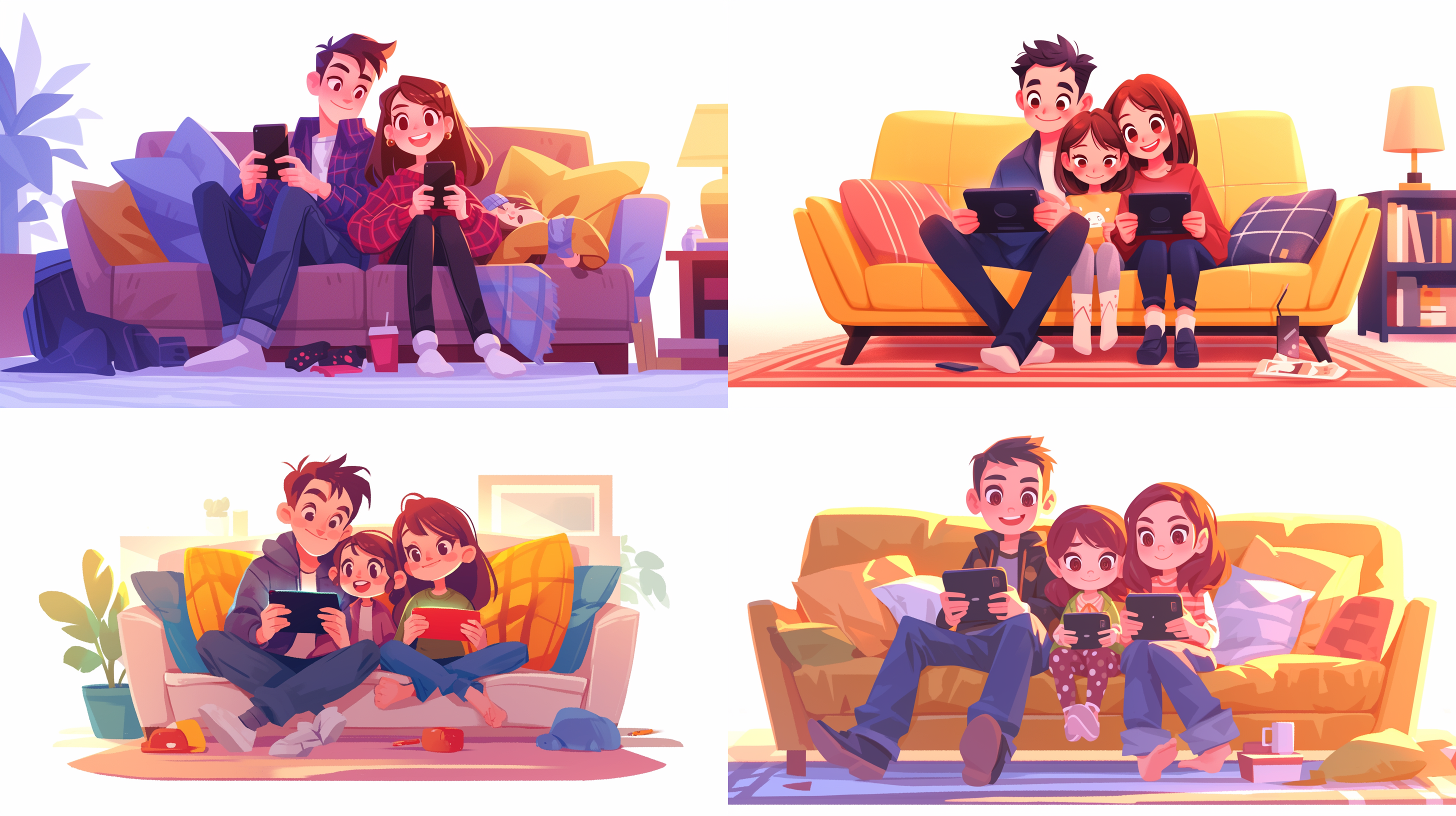 一家人3口坐在沙发上玩智能设备，和睦温馨，白色背景，q版，全身，动态姿势，8k画质，泡泡马特风格，简约制服，幽默干练，低角度，广角镜头，柔和侧光，鲜艳色彩，欢快，明暗对比，2.5d,oc渲染，表情丰富，简洁柔和光线，极简风格，细节清晰，温馨。