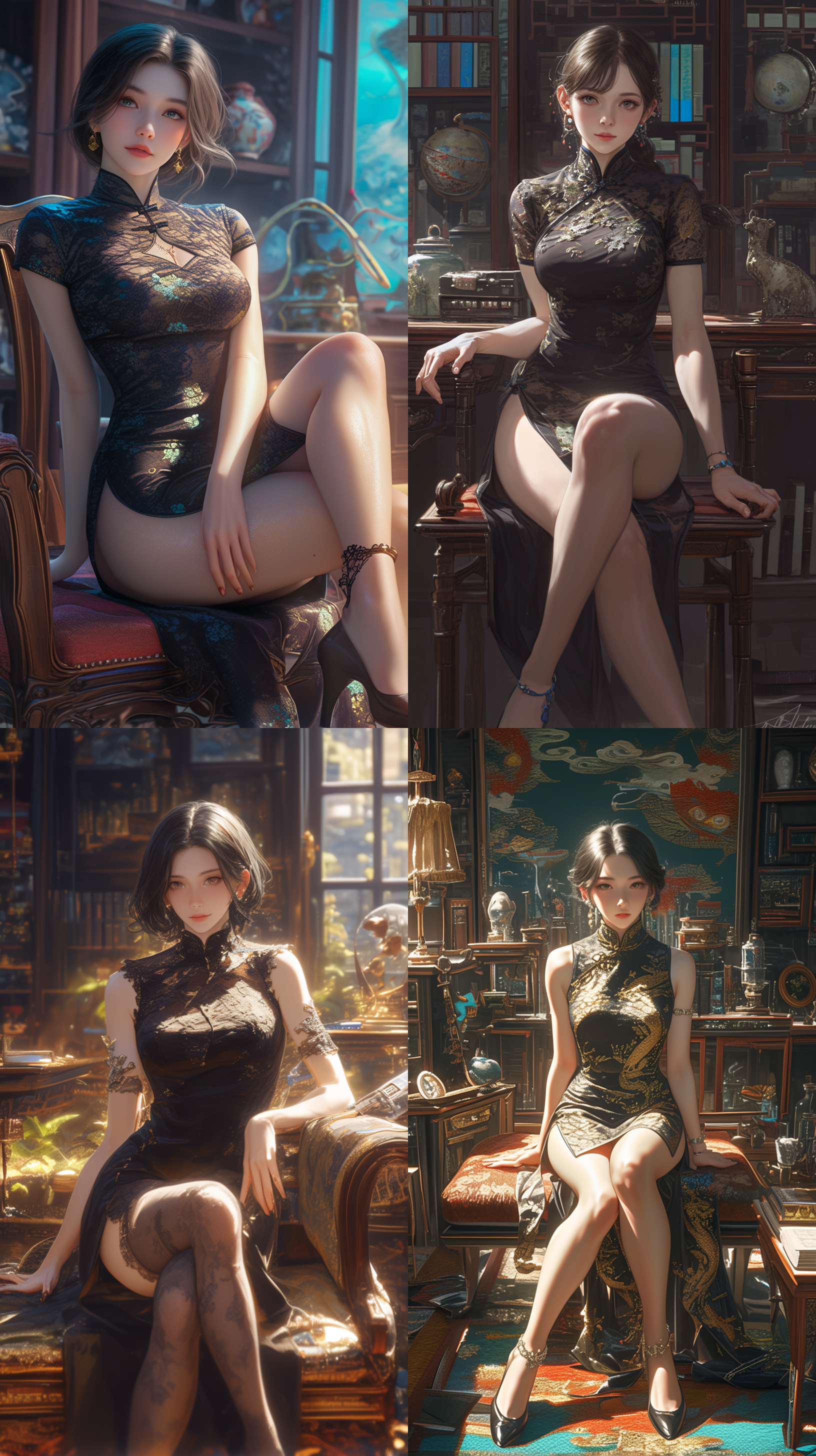 东亚美女穿亮黑色旗袍，坐姿全身，五官精致，室内光线，背景书架收藏品展柜，照片质感，注重细节，32k画质，中焦镜头，细腻风格，柔和光线，深色调，优雅气质。