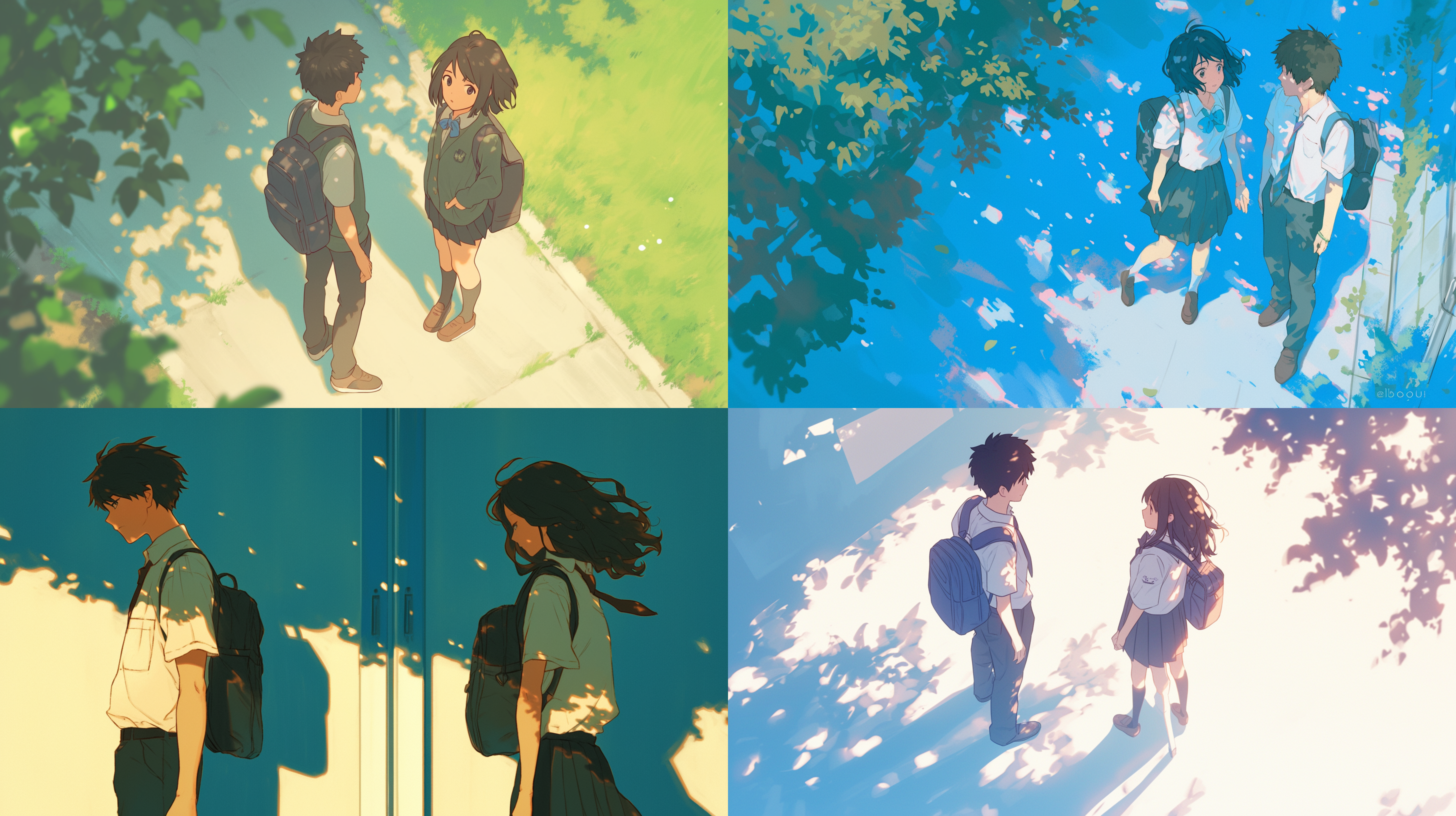 男高中生与女高中生分别站在画面两侧，吉卜力风格，背着书包，离开，互相告别，远景，俯视，全身像，自然光，柔和色调，长焦镜头，离别场景，背影，忧伤，相背而行，走向不同方向，渐行渐远，自然环境，长焦压缩，淡蓝色调，情感深沉。