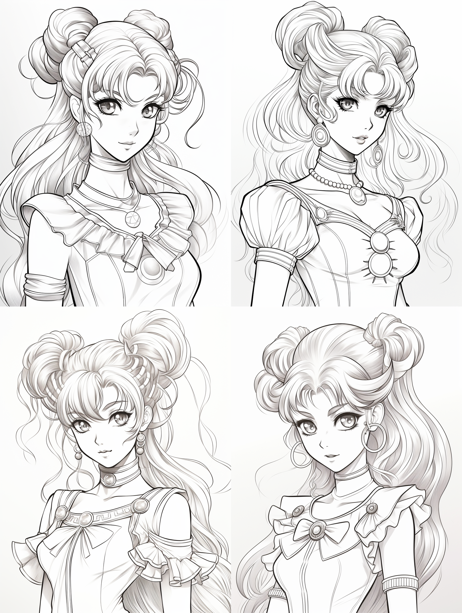create a technical sketch of tsukino usagi (sailor moon) from the japanese anime series "sailor moon". the sketch should be in black and white line art, capturing the intricate details of her design, including her iconic sailor outfit, long twin-tails hairstyle, crescent moon tiara, and transformation brooch. the main body of tsukino usagi should be rendered in a colorful 3d effect to highlight her vibrant and dynamic appearance. include annotations and measurements for key components such as the height of the character, the length of her twin-tails, the dimensions of her tiara, and the size of her brooch. the sketch should have a clean, white background to emphasize the detailed parts of the character. annotations should be clear and legible, providing detailed explanations of each part. 8khd