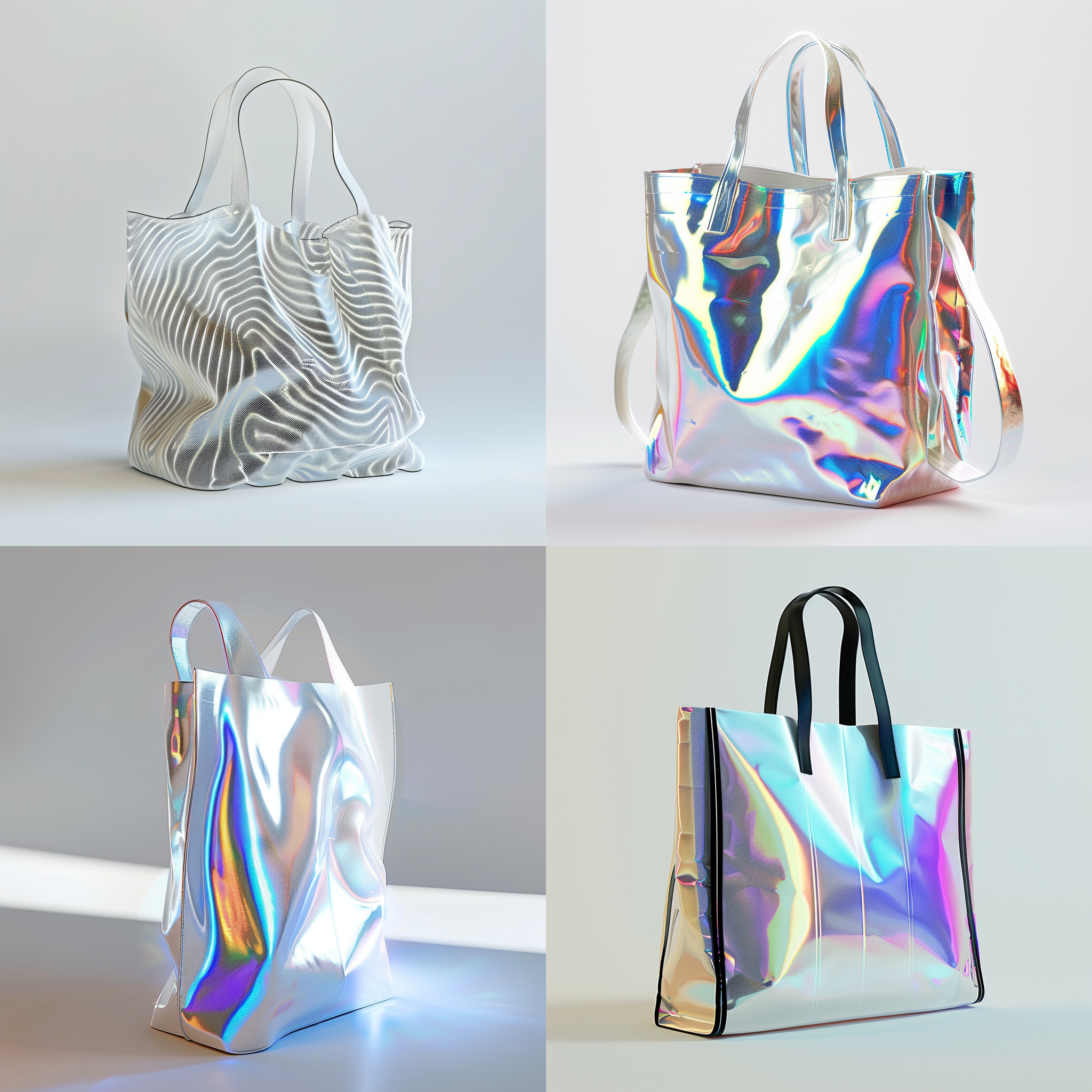 镭射帆布袋全息投影，光滑表面，可爱饱满，3d立体，c4d，oc渲染，纯白背景，白色烤漆，迪特·拉姆斯设计，高细节，4k，c4d，工业设计，白色背景，实心，轮廓，pvc厚度，工作室照明，数字艺术，科幻风格，未来感，科技感。