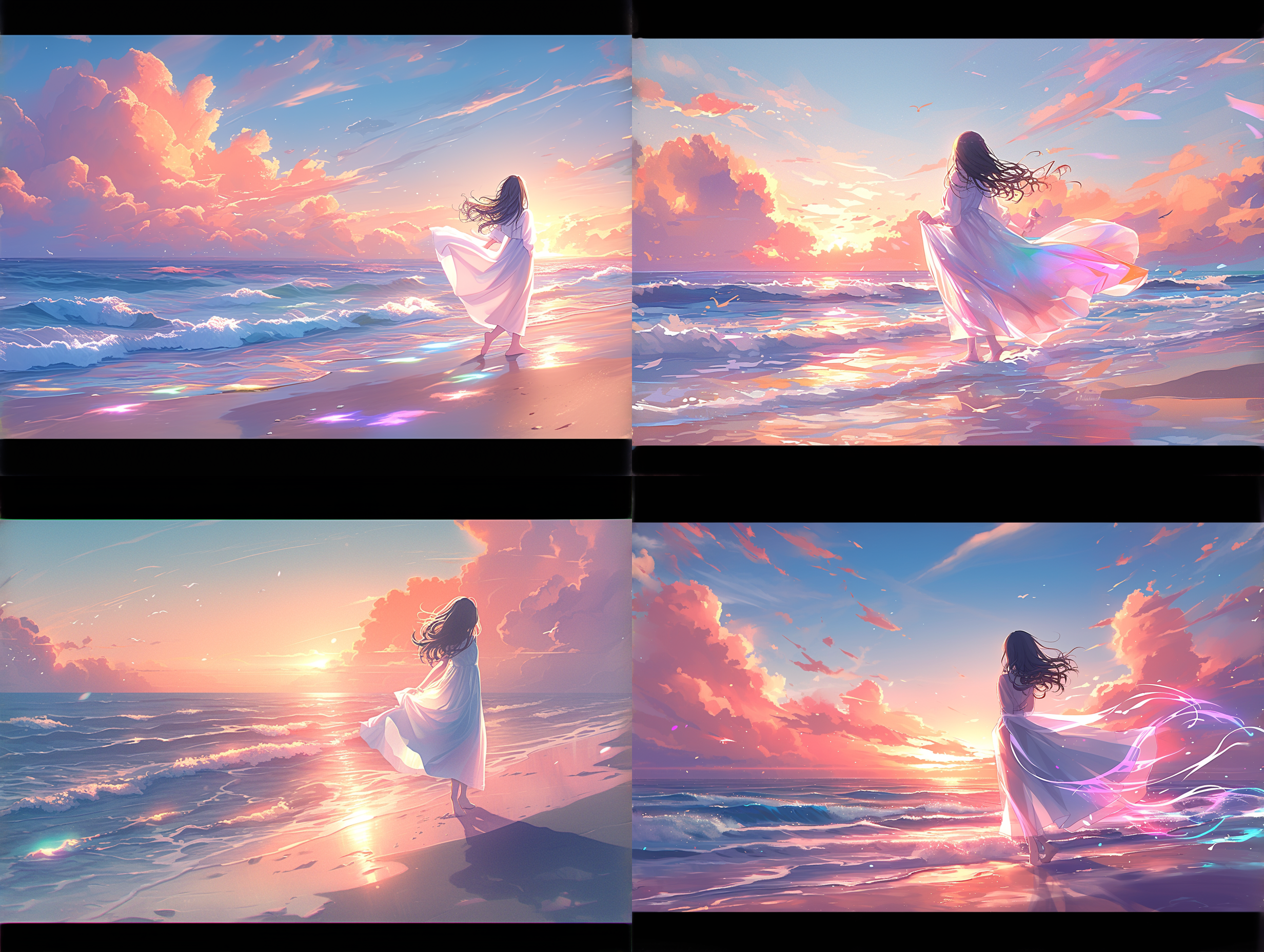 女孩漫步海滩，彩色光绘，梦幻风格，彩虹核心，彩色墨水，绚丽色彩，发光阴影，彩虹背景，彩虹色发光波浪，逆光，长曝光，低角度，柔和光线，轻盈步伐，沉思表情。