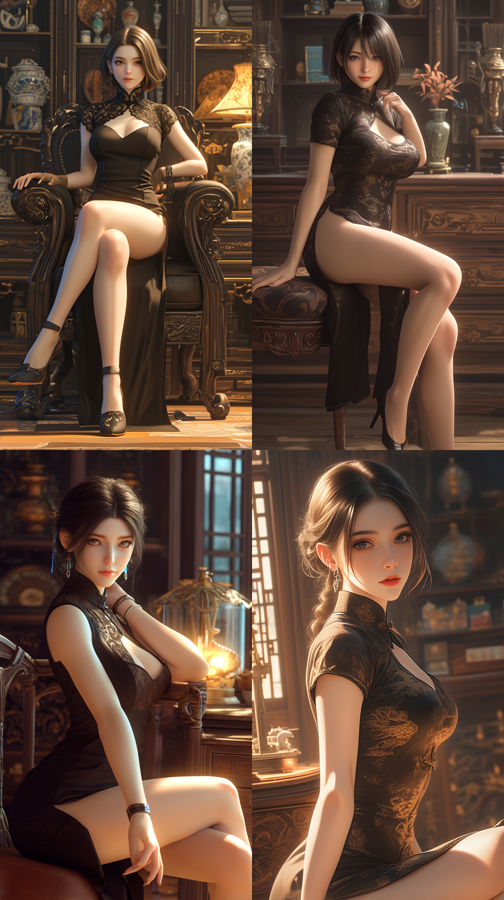 东亚美女穿亮黑色旗袍坐姿全身，五官精致，室内光线，背景书架收藏品展柜，照片质感，注重细节，32k画质，中焦镜头，细腻风格，柔和光线，深色调，优雅气质。