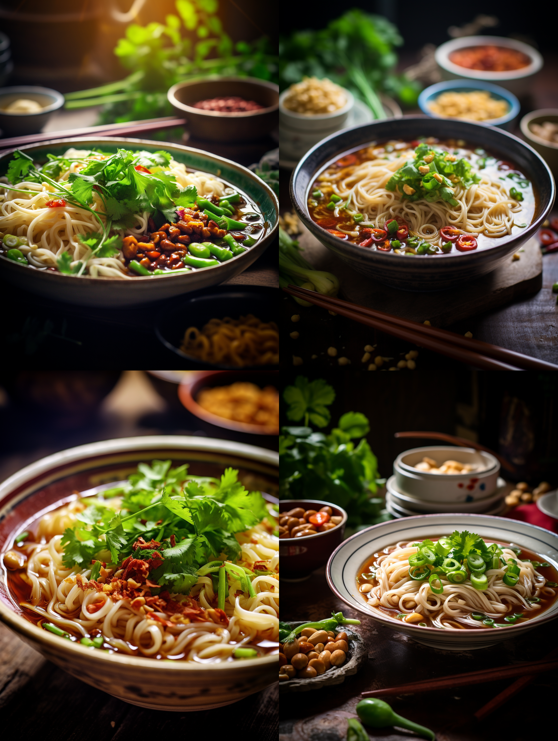 重庆小面特写，葱花香菜点缀，花生碎散落，麻辣鲜香汤汁，热气腾腾，香气四溢，静物摄影，自然光，厨房背景，细节清晰，微距镜头，柔和光线，传统节日氛围，温馨。