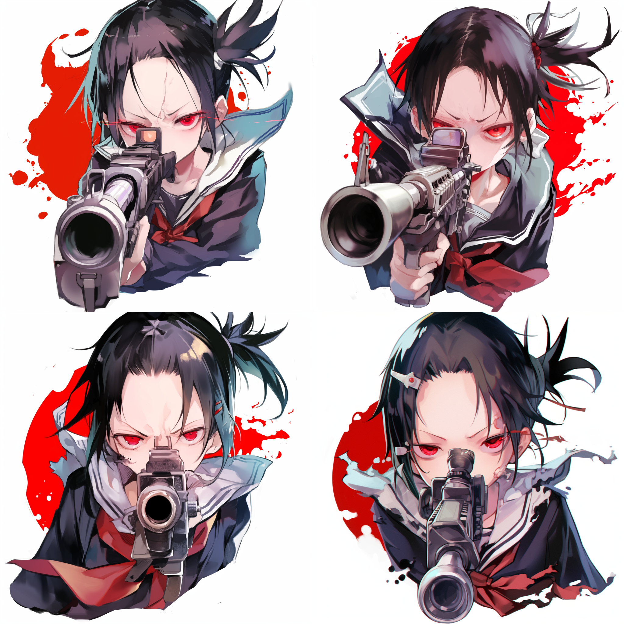 一个少女，黑色头发，单马尾，红色眼睛，淡定神态，穿着日式水手服校服，拿着一把m4a1步枪，做出瞄准的姿势，中景镜头，正面对镜头，赛璐璐动漫风格，平涂