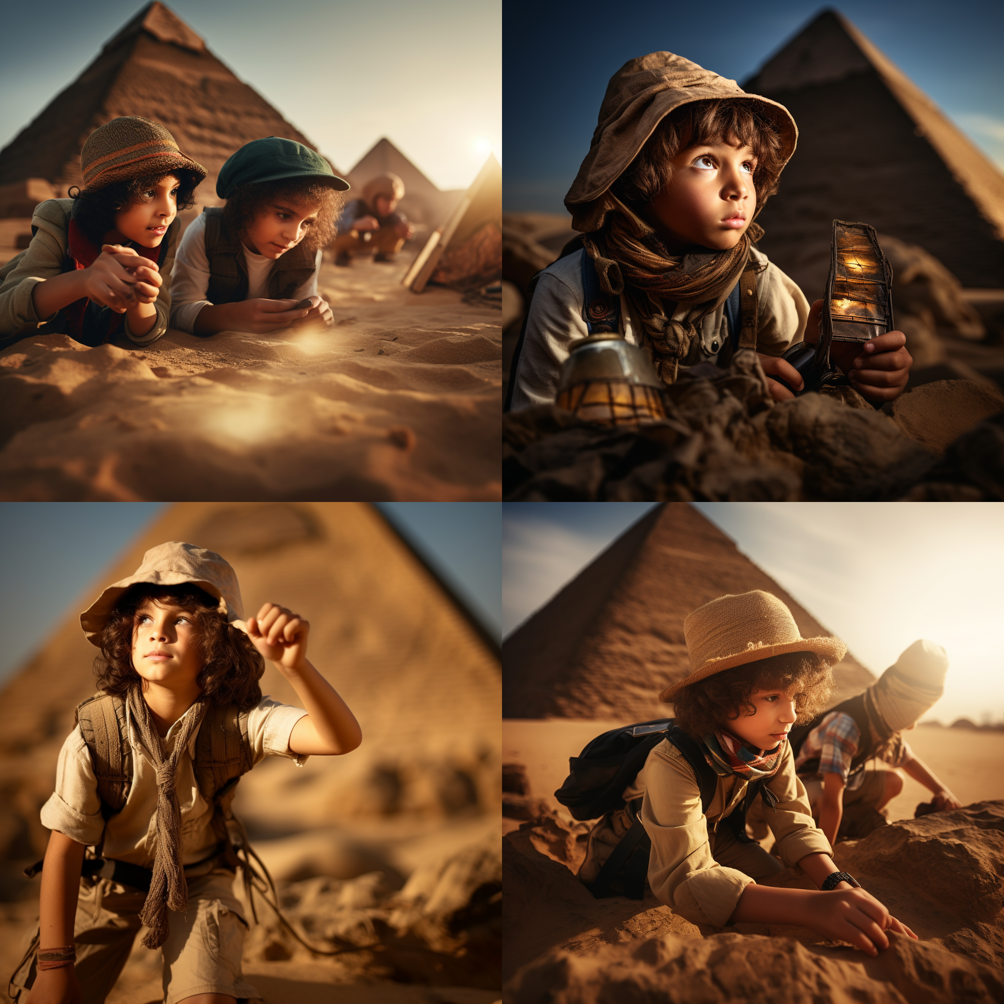 埃及寻宝，金字塔与神庙，沙漠背景，黄金色调，长焦镜头，低角度，侧光，神秘氛围，探险装备，专注表情，历史感，小孩寻宝。