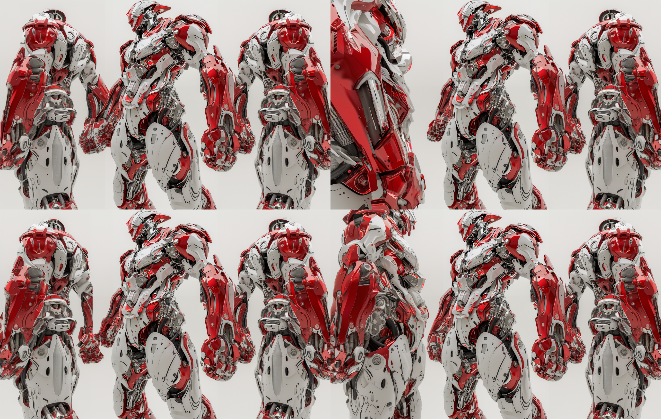 穿戴式战甲设计图，8k分辨率，工业设计风格，灯光投射增强立体感，透视构图，法拉利红色调，高清晰度细节表现，设计效果图，详细设计稿，科技感，未来感，精确线条，金属质感，冷光照明，精细纹理。 未来主义