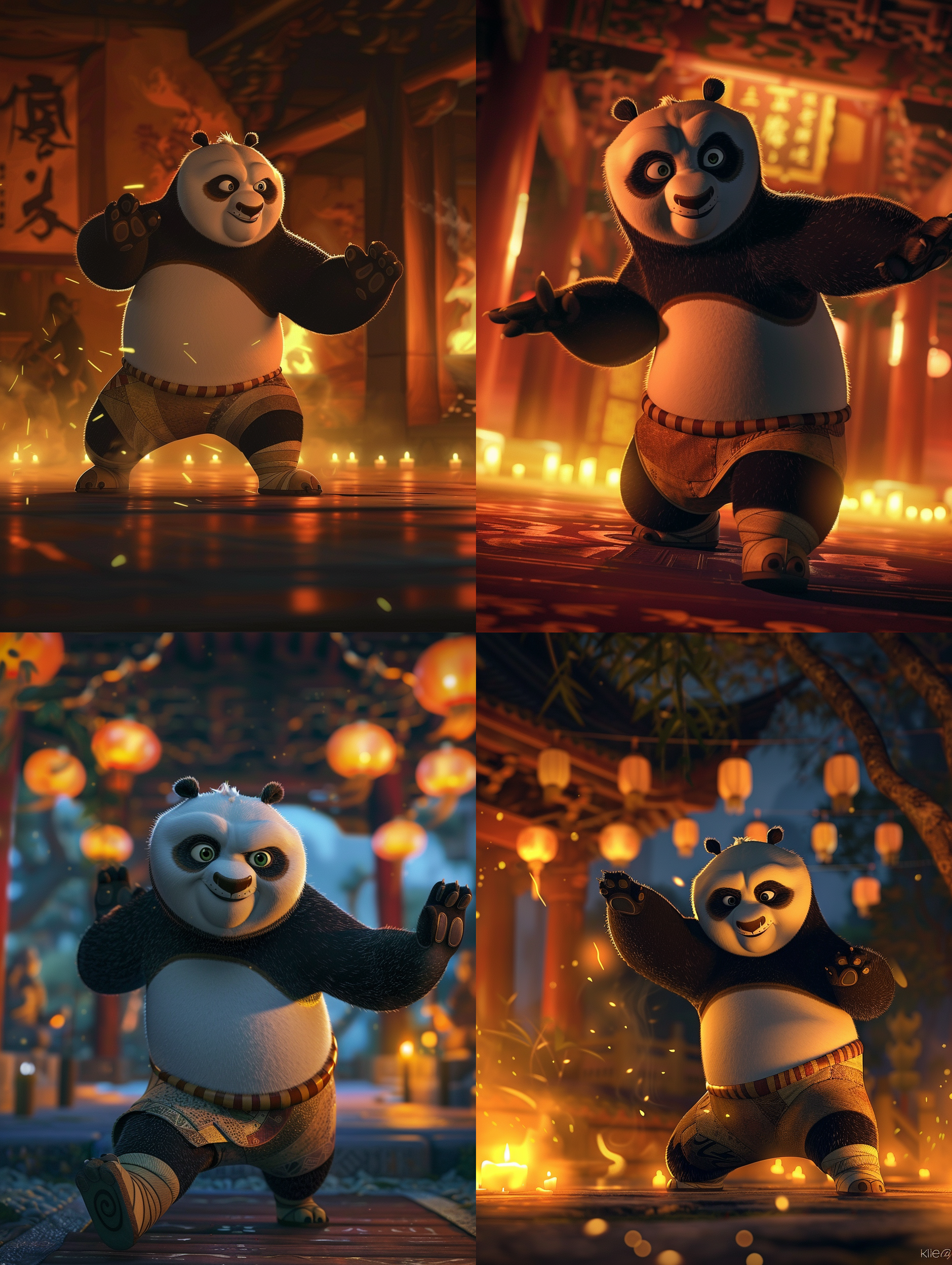 夜幕下的古寺，功夫熊猫练太极拳，动作流畅，蜡烛光影，宁静神圣氛围，专注平静表情，二次元动漫风格，低角度拍摄，暖黄光，慢快门，动态模糊，禅意，和谐。