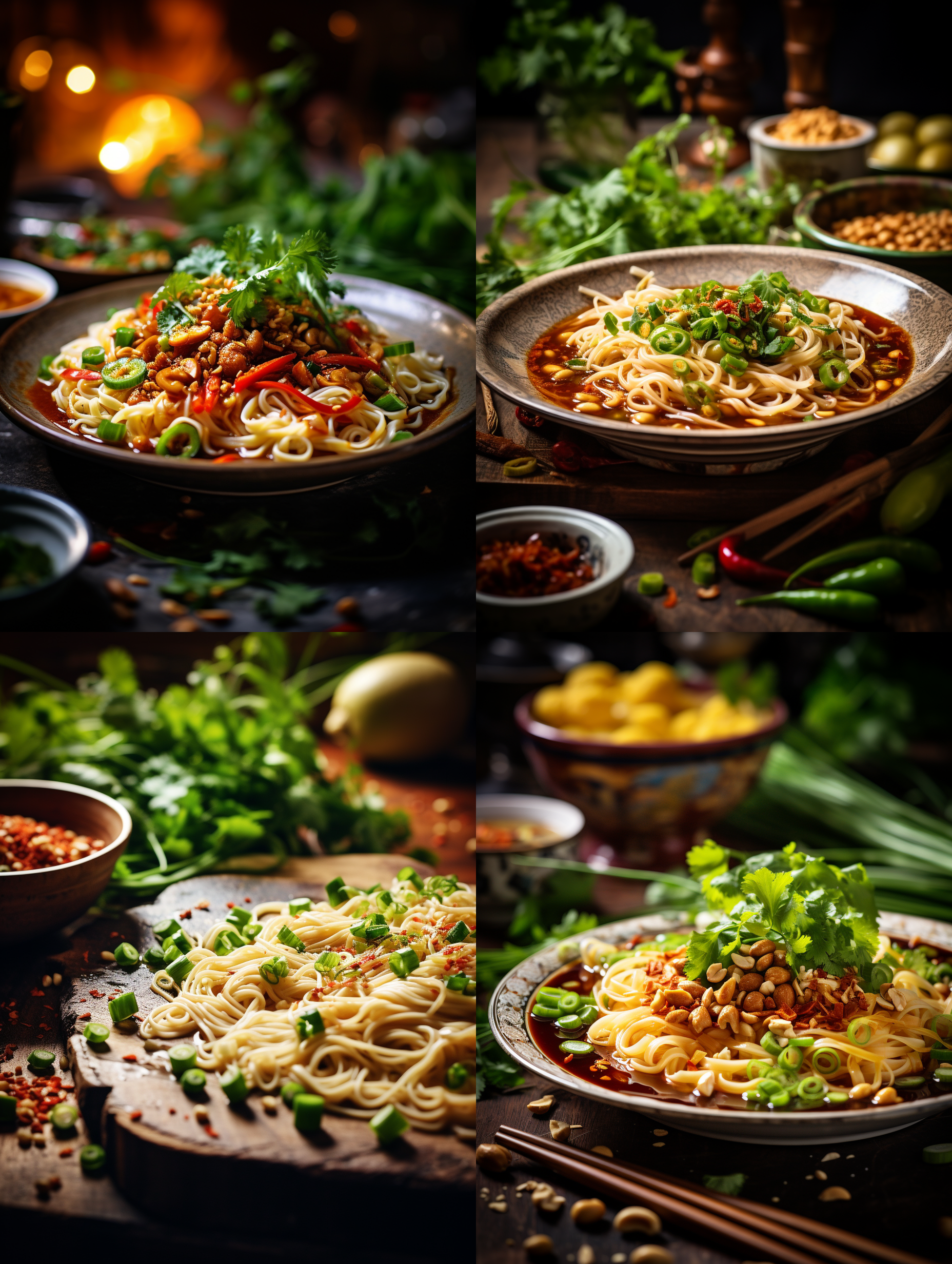 重庆小面特写，葱花香菜点缀，花生碎散落，麻辣鲜香汤汁，热气腾腾，香气四溢，静物摄影，自然光，厨房背景，细节清晰，微距镜头，柔和光线，传统节日氛围，温馨。