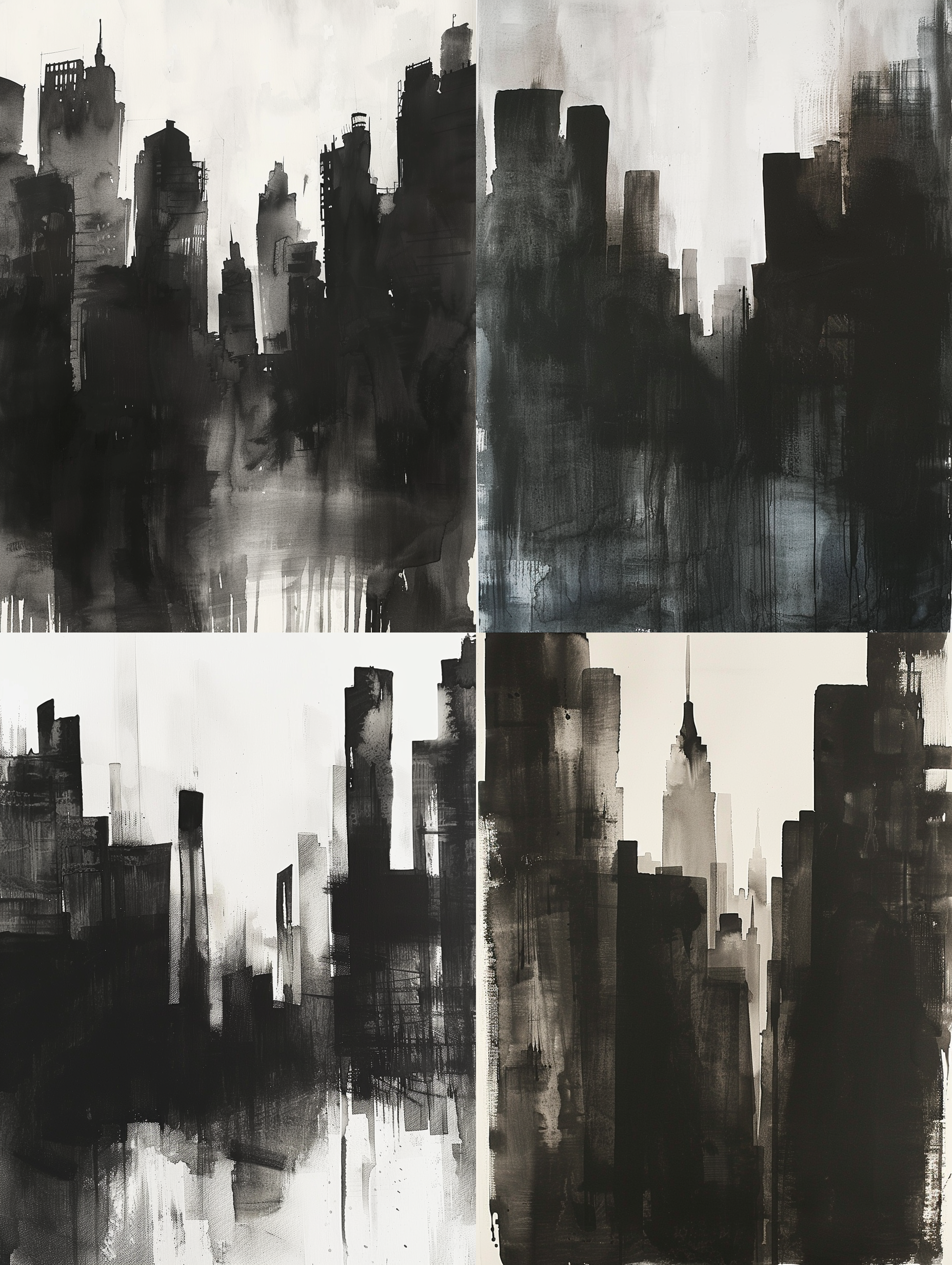 现代标志建筑，水墨画剪影，简洁线条，黑白灰调，远景构图，城市天际线，黄昏时分，柔和背光，建筑轮廓清晰，水墨渲染，静谧氛围，抽象艺术。