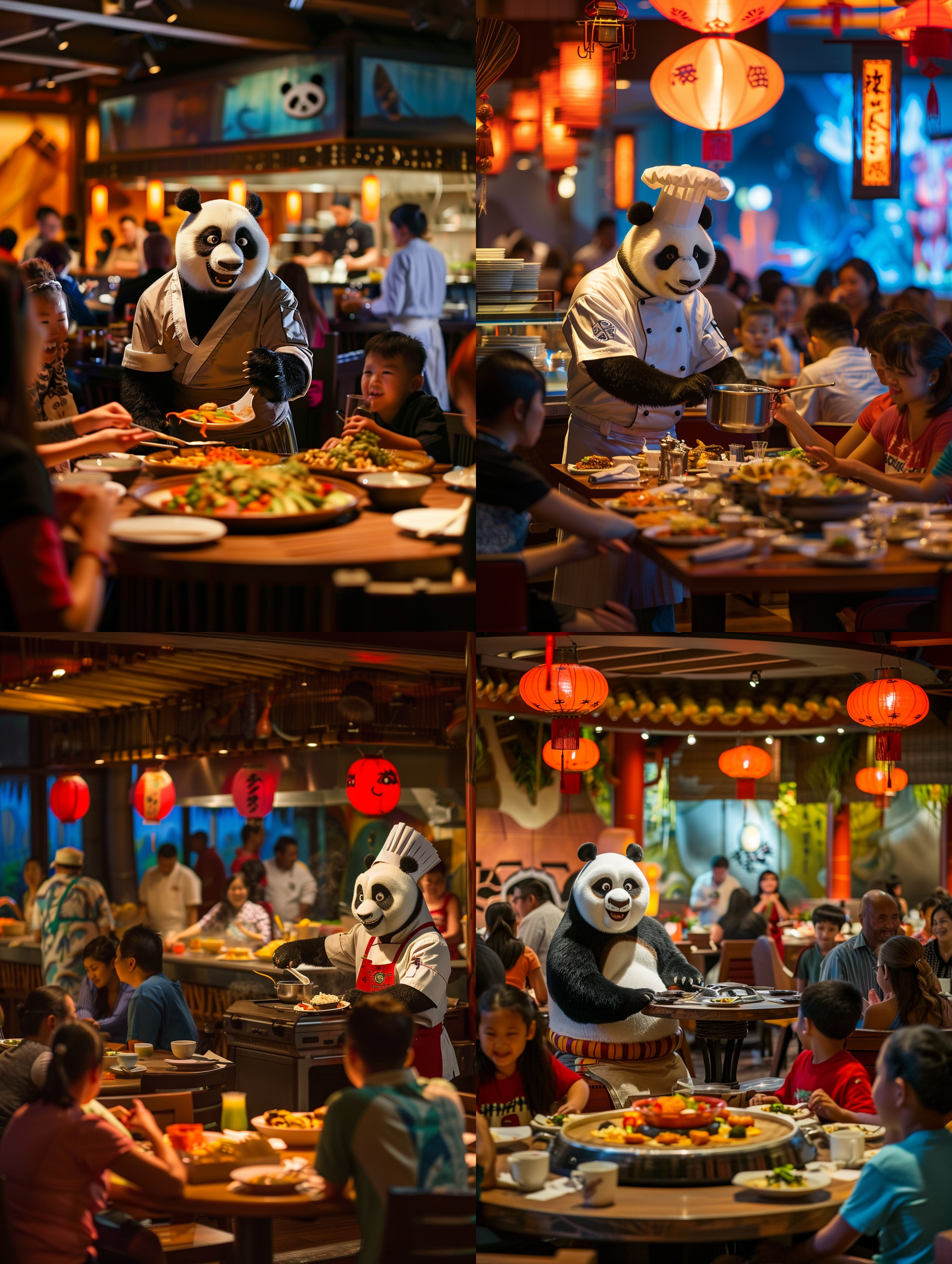 夜幕降临，功夫熊猫酒楼内灯火通明，热闹非凡。功夫熊猫穿着厨师的服装，在开放式厨房里展示着它的烹饪技艺。客人们围坐在桌旁，享受着美味的佳肴，不时发出赞叹声。酒楼内笑声、谈话声交织在一起，形成一幅温馨和谐的画面。二次元动漫风格，明亮灯光，开放式厨房，厨师装，烹饪动作，客人表情，圆桌，美食，温馨氛围，动漫色彩。