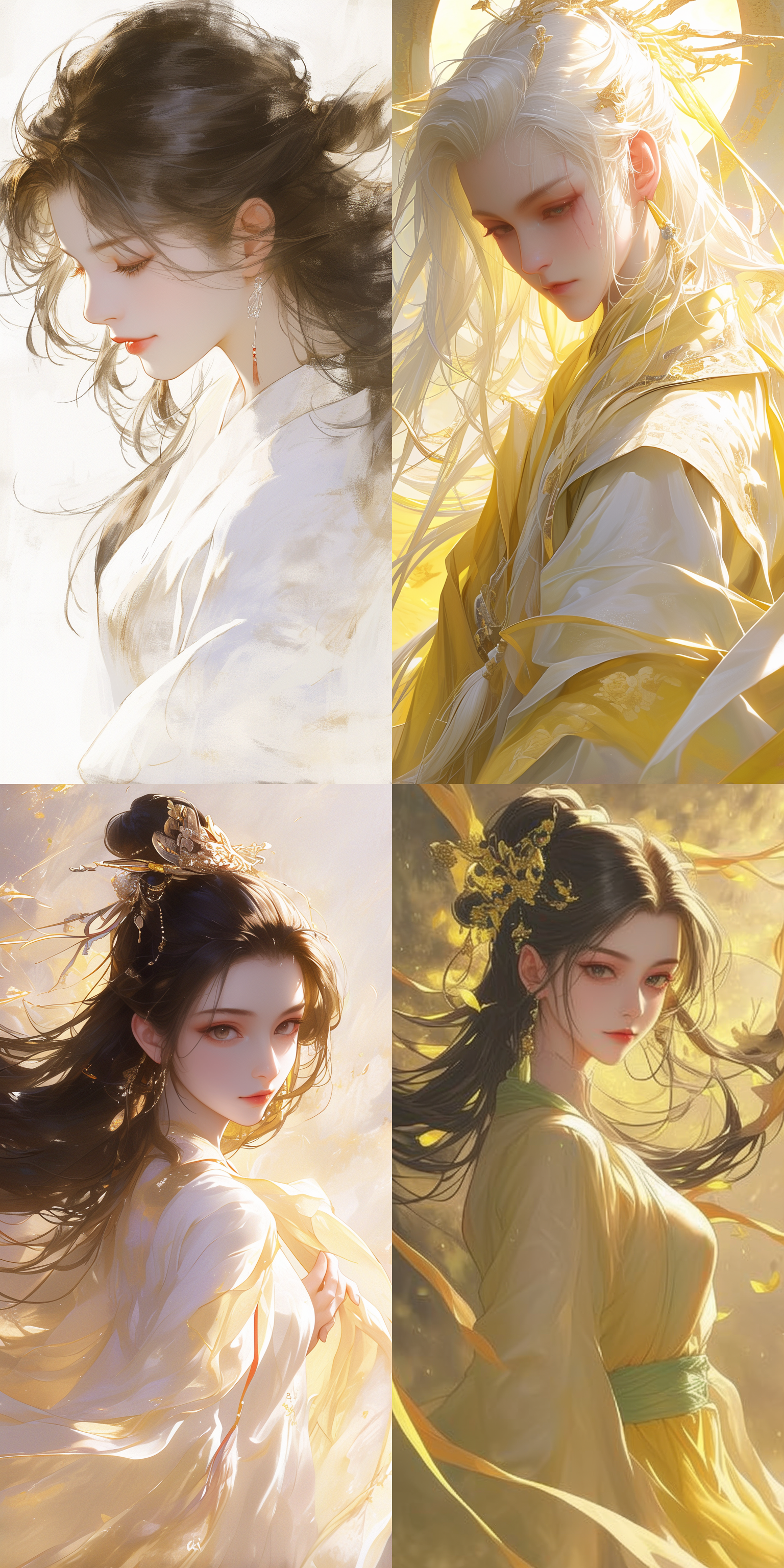 handsome beauty, delicate face, fair and smooth skin,sharp eyes, wearing white and light yellow clothes,flying hair, flowing sleeves, portrain face close-up,chinese traditional painting style, the style of theancient sui and tang dynasties, refers to song huizongwind dancing posture, face shot, point-of-view