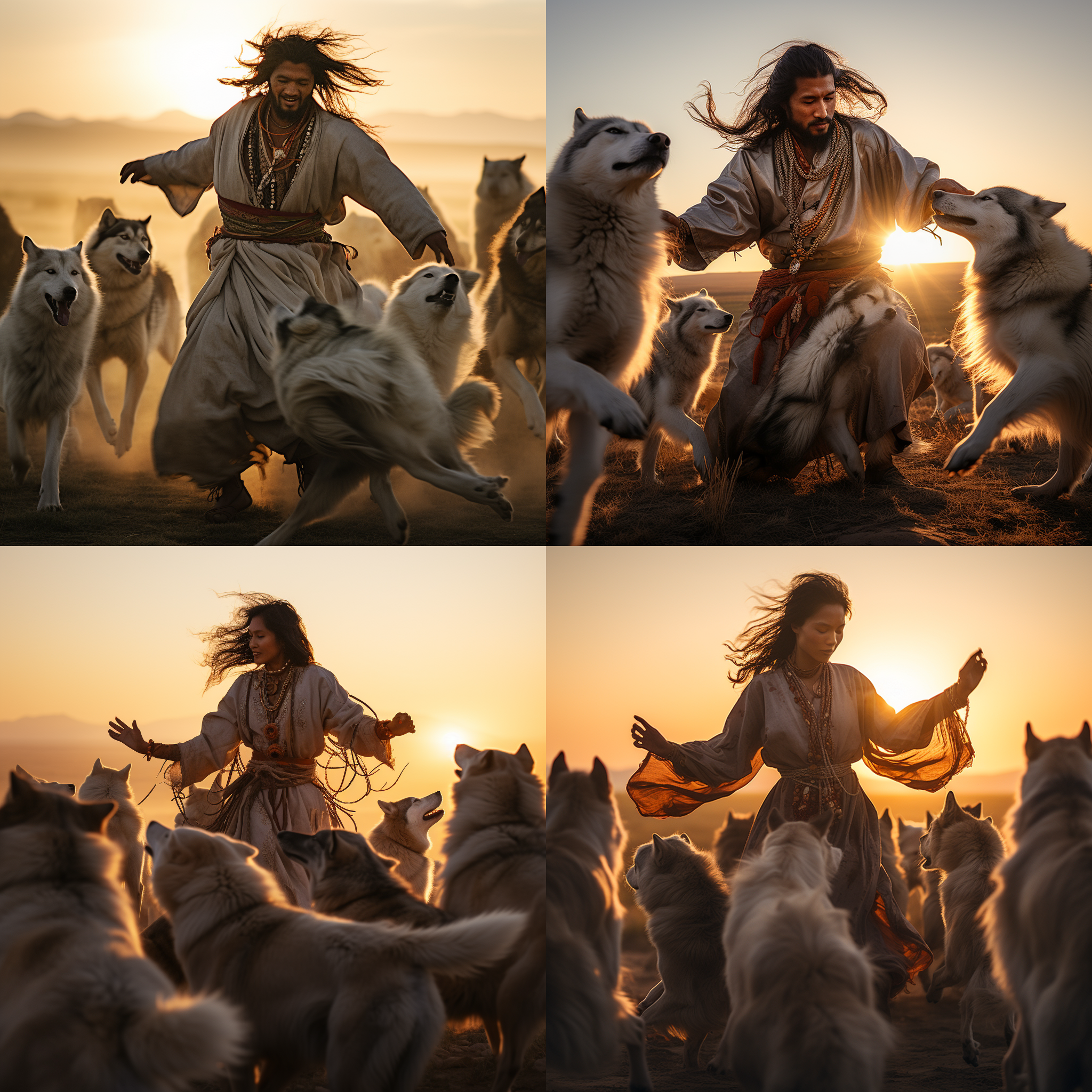 与狼共舞，广阔草原，黄昏时分，逆光效果，长焦镜头，低角度拍摄，人物与狼和谐共处，人物穿着传统服饰，表情平静，狼群环绕，自然光，温暖色调，神秘氛围。