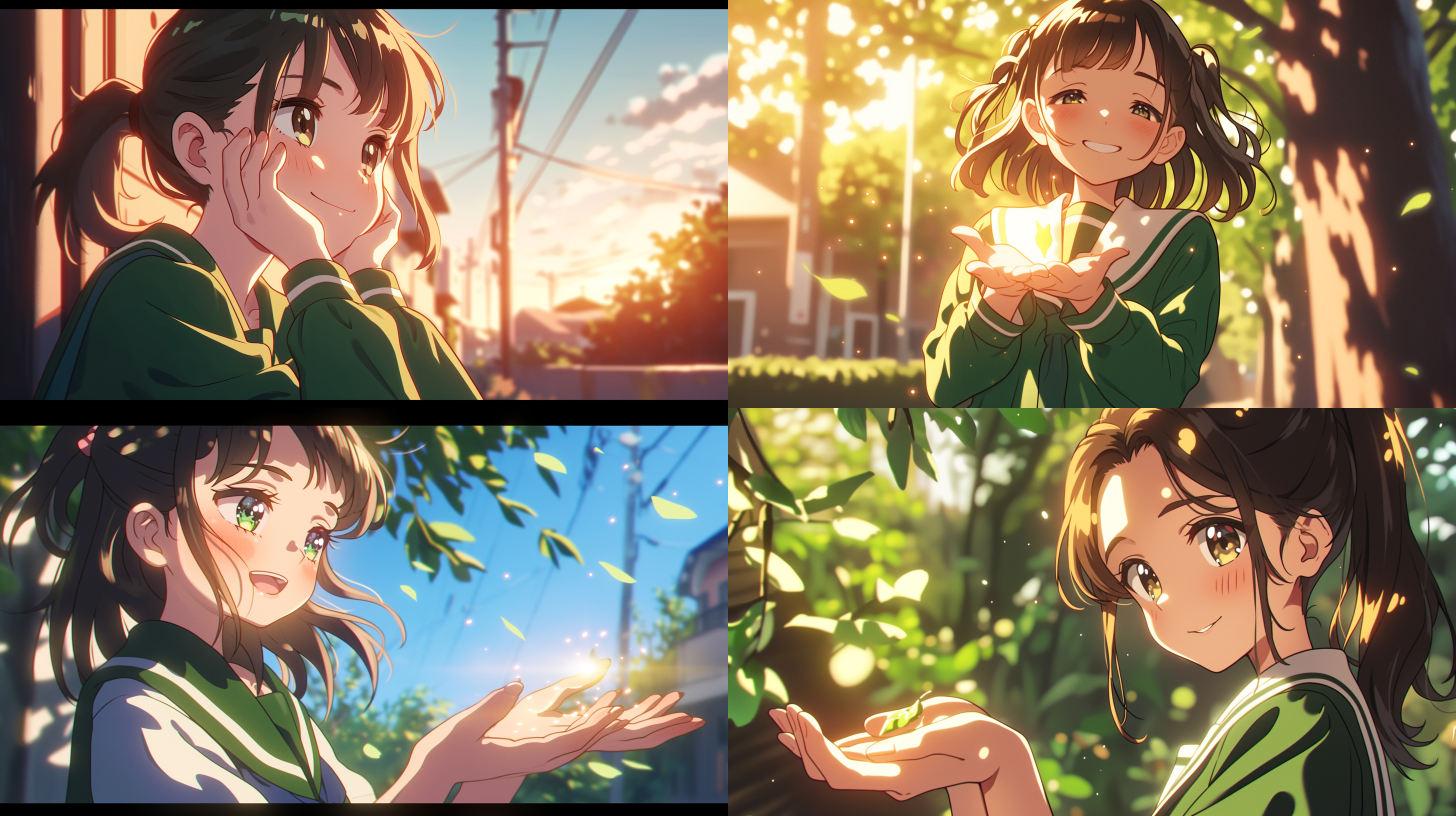 近景，吉卜力风格，高中女生捧光芒，温馨微笑，柔和光线，自然环境，长焦镜头，浅景深，温暖色调，宁静氛围。