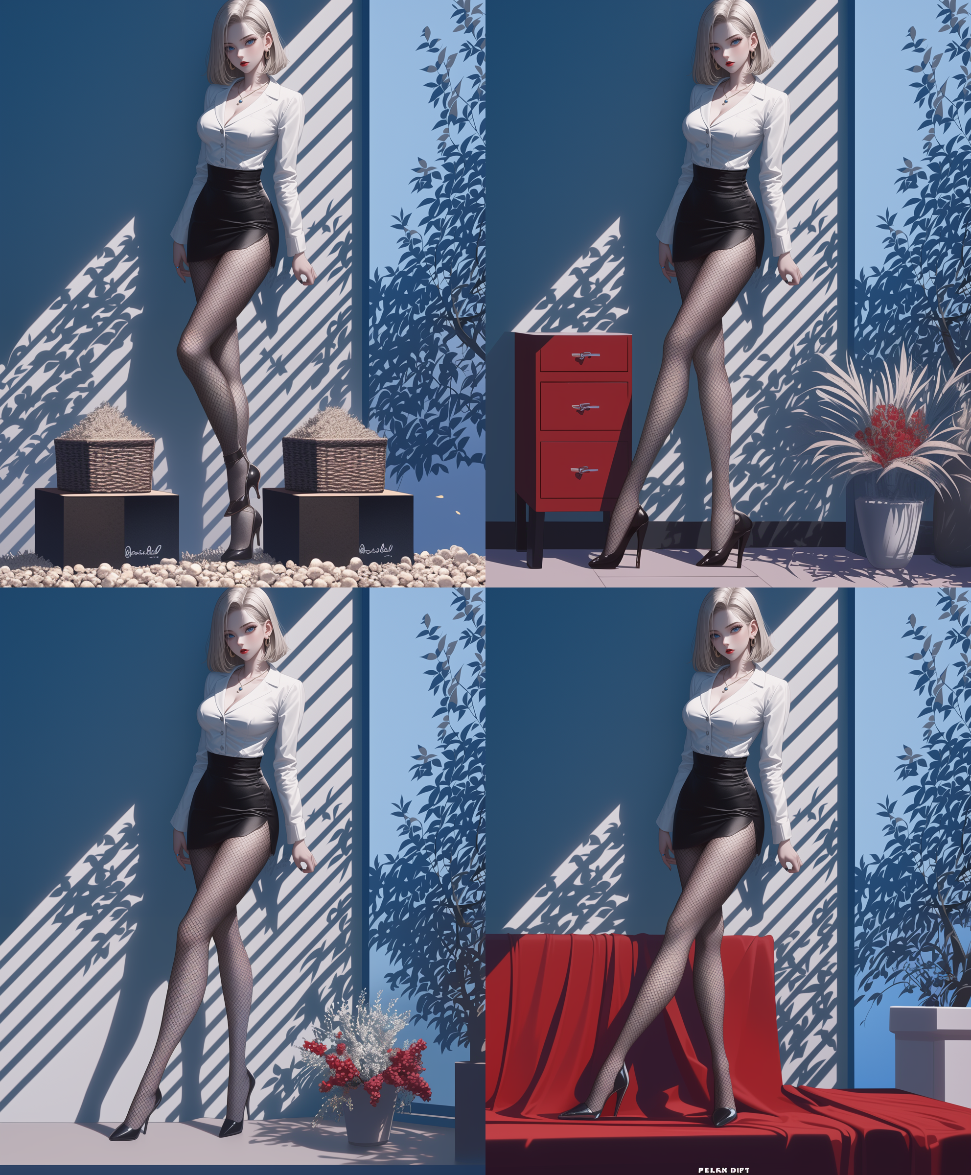 七龙珠·人造人·十八号，站立，侧身，白色西装，皮短裙，网格，大长腿，高跟鞋，8k，高角度，单腿抬起，