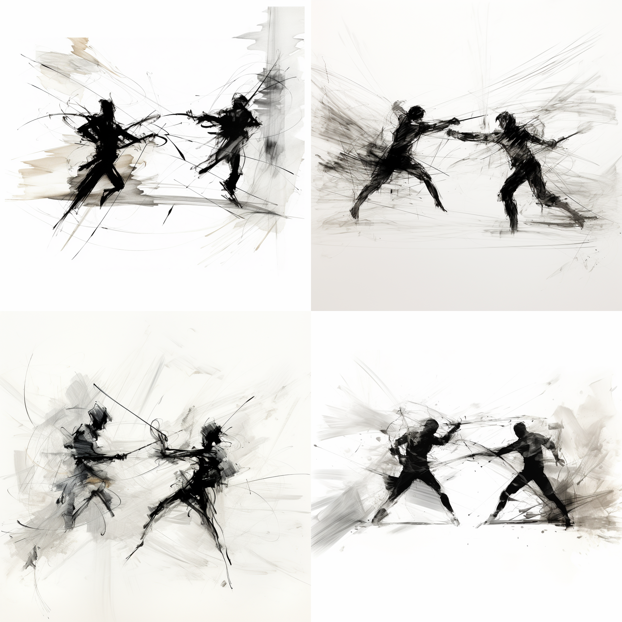 简约线条描绘打斗场景，黑白灰调，抽象风格，动态捕捉，低饱和度，长焦镜头，逆光，快速快门，力量感，紧张氛围。
