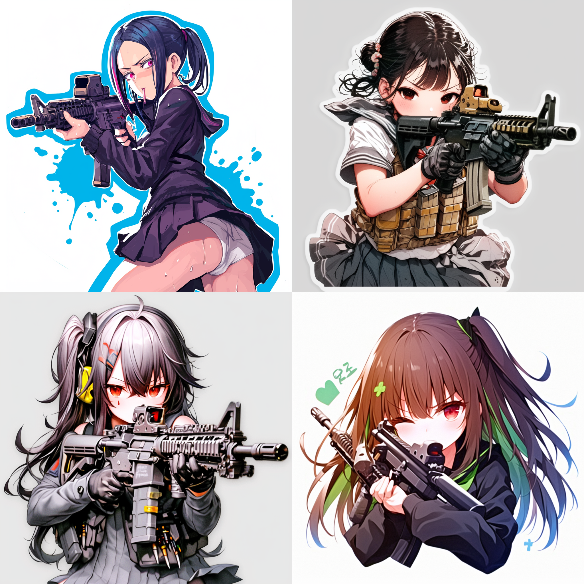 一个少女，黑色头发，单马尾，红色眼睛，淡定神态，穿着日式水手服校服，拿着一把m4a1步枪，做出瞄准的姿势，中景镜头，正面对镜头，赛璐璐动漫风格，平涂