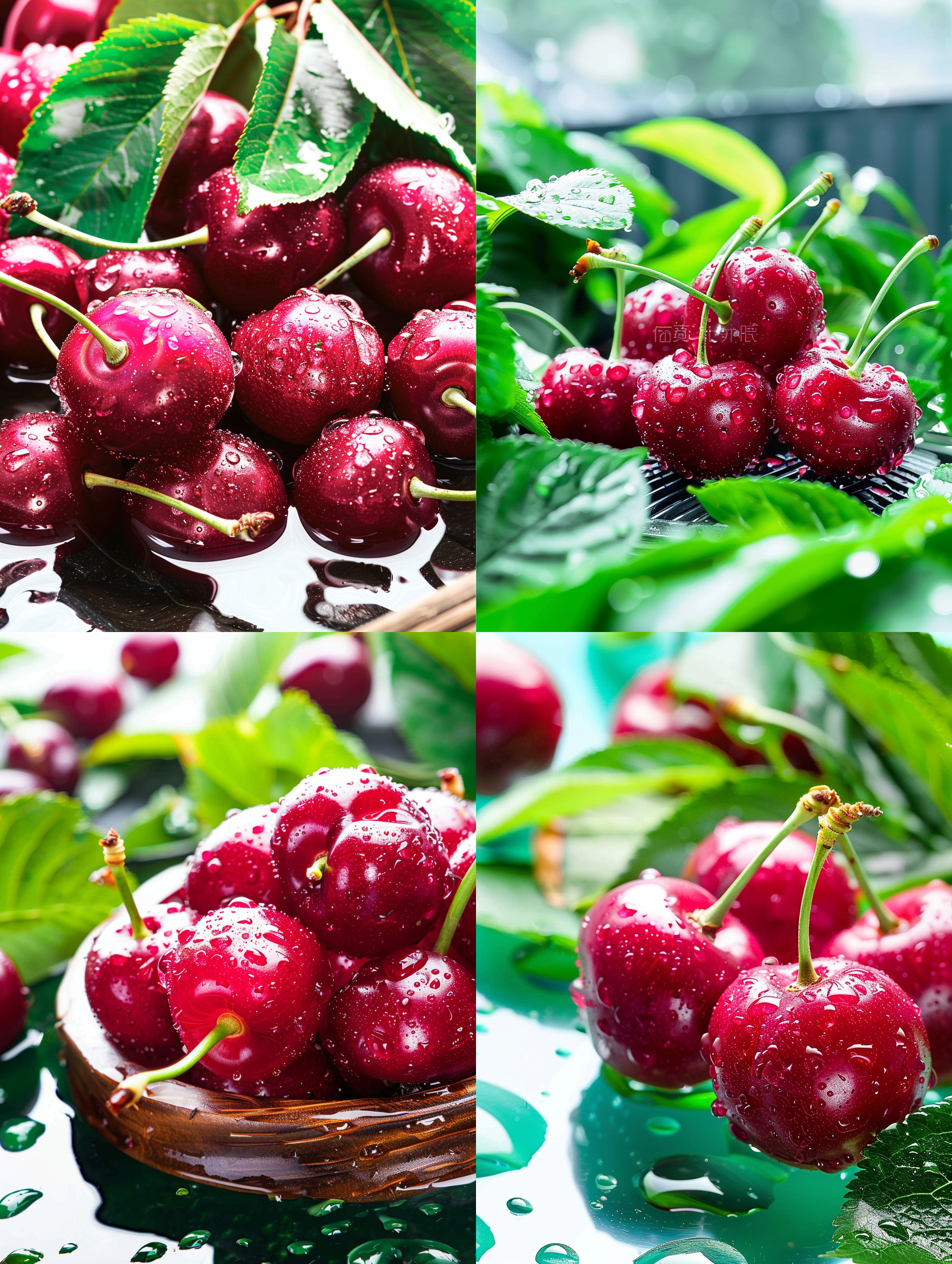 大樱桃挂满水珠，晶莹剔透，高清8k商业摄影，特写镜头，自然光，鲜艳红色，汁液感，诱人，细节丰富，焦点清晰，背景虚化。