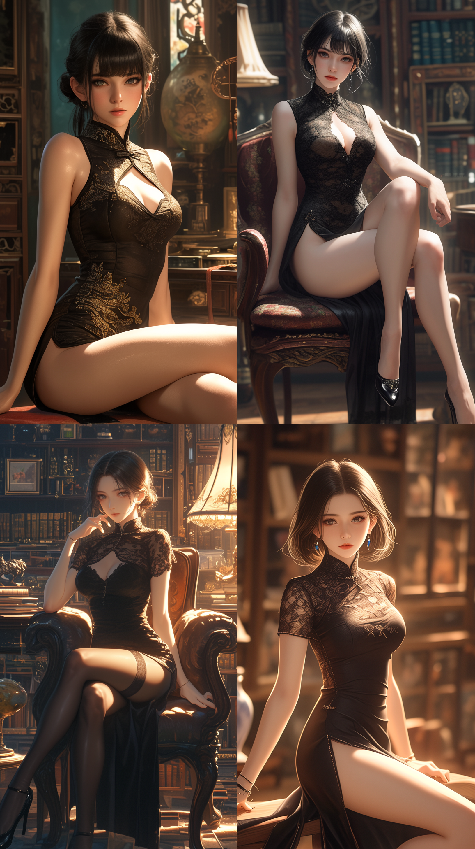 东亚美女穿亮黑色旗袍坐姿全身，五官精致，室内光线，背景书架收藏品展柜，照片质感，注重细节，32k画质，中焦镜头，细腻风格，柔和光线，深色调，优雅姿态。
