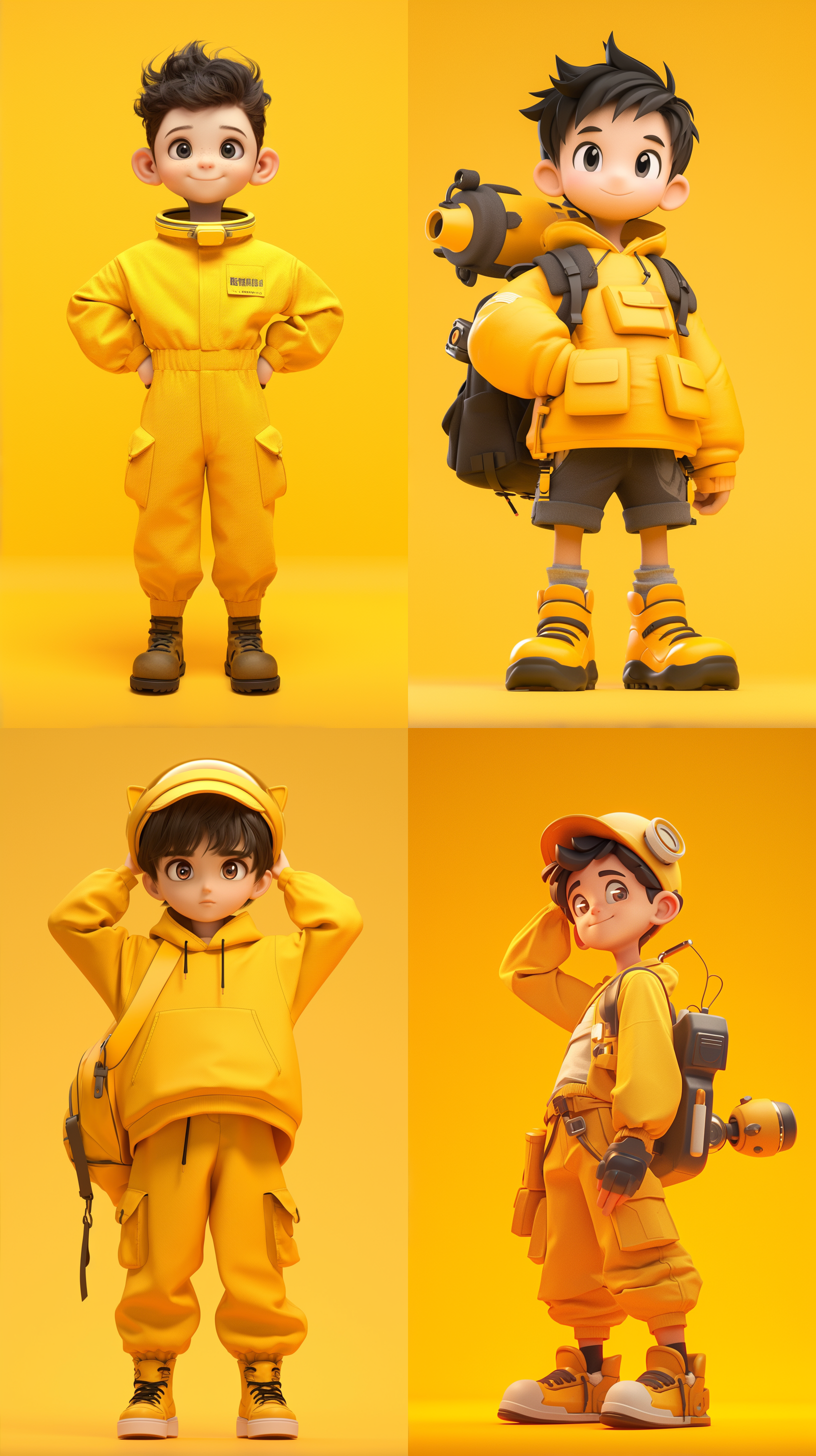 黑色头发，黄色衣服，可爱的男孩，黄色背景前，详细的角色设计，全身可见，卡通ip风格，动感十足。配色柔和，背景为工作室灯光octane render渲染的纯净背景。采用3d建模软件c4d制作，使用超高品质ultra hd 8k分辨率，宛如皮克斯动画般精美。 绿橙猫宇航员, 卡通ip风格, 科技感, 玻璃帽子, 武器, 视图, 3d建模, c4d, ultra hd 8k, 皮克斯动画.