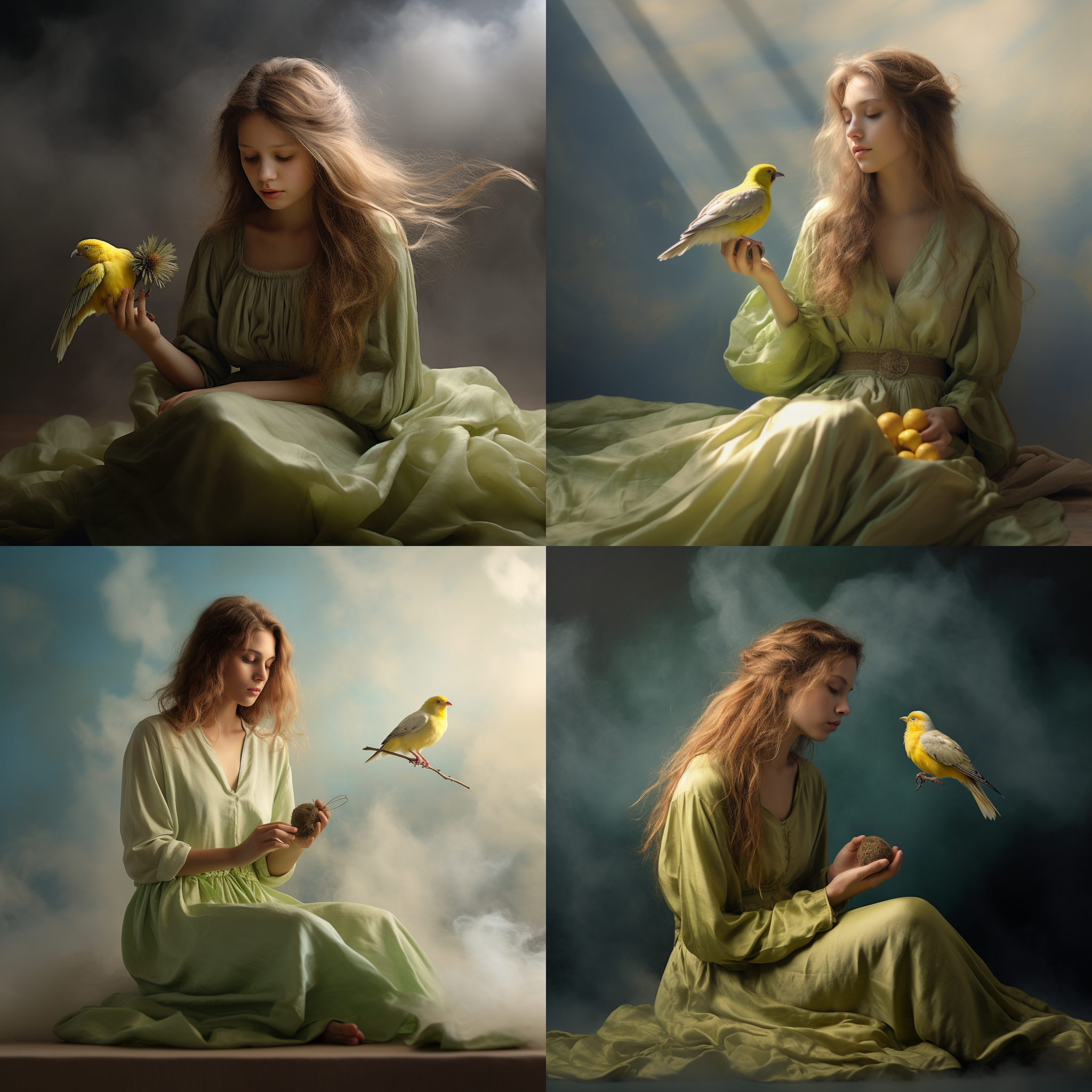 长发女孩逆光坐云层，手捧黄绿小芽，半透明质感，互动小鸟，柔和侧光，自然环境，长焦镜头，低饱和度，梦幻氛围，轻盈动作。