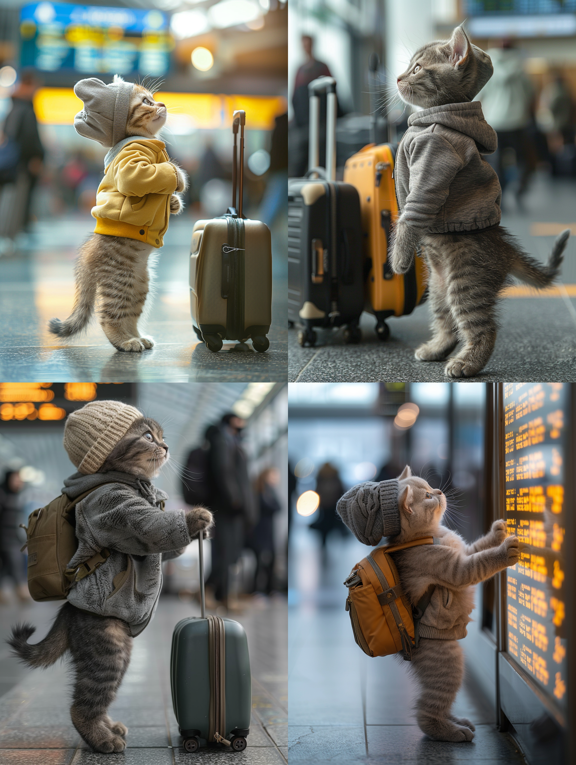 一只穿着运动服的英国短毛小猫，后腿站立在机场，抬头好奇地看着航班出发板。小猫戴着迷你背包和旅行帽，旁边放着一个小行李箱。场景热闹，周围有旅客穿梭，背景有广播声。拟人化，电影风格，逼真照片效果
