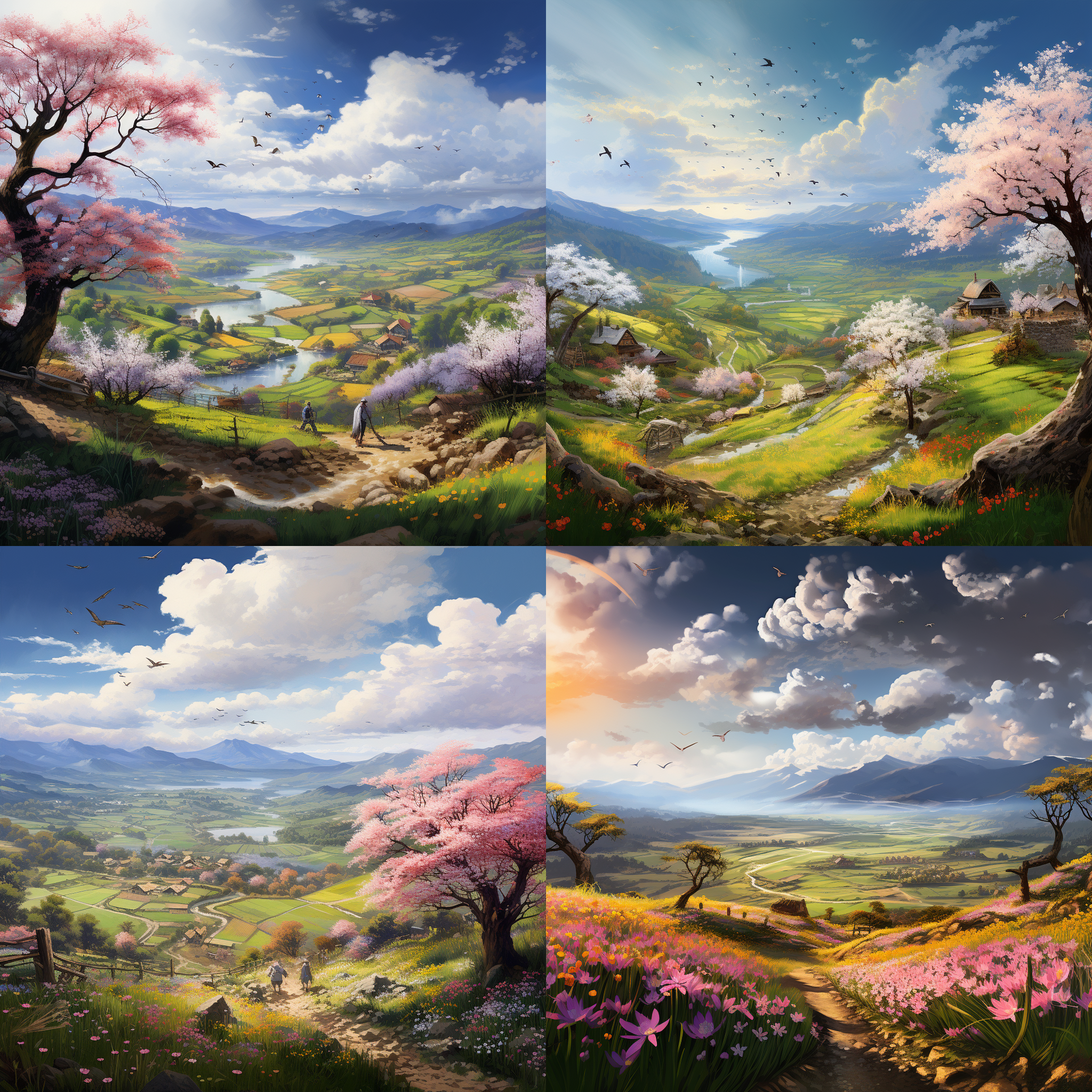 惊蛰春雷，生机盎然，田野农夫播种，山花烂漫，自然风光，广角镜头，晨光柔和，色彩鲜艳，动态捕捉，和谐宁静，全景构图，细节丰富，春意盎然。