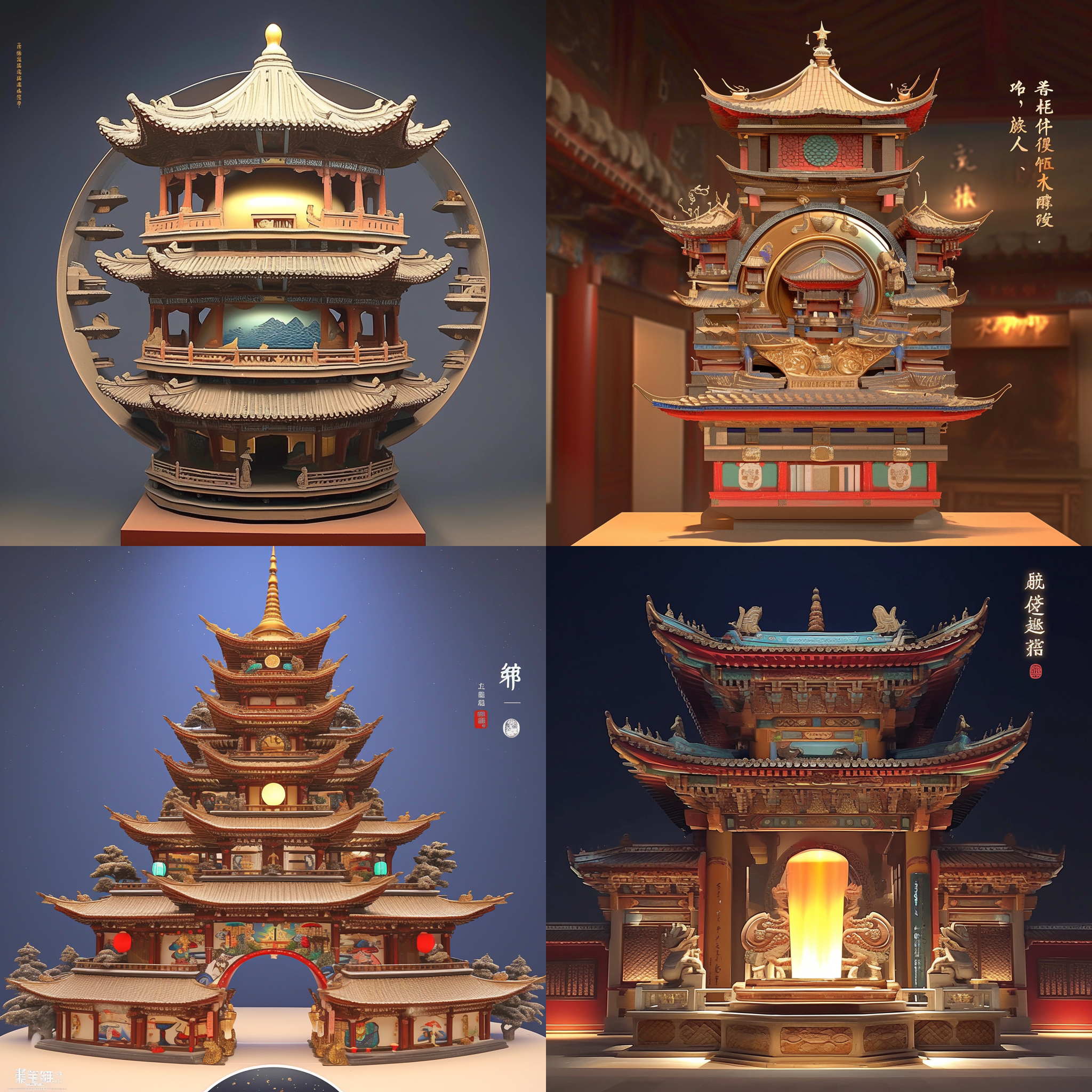 使用陶泥用圆雕的形式做一个文创灯具，主要元素是古城门或者古塔，需要一些概念图