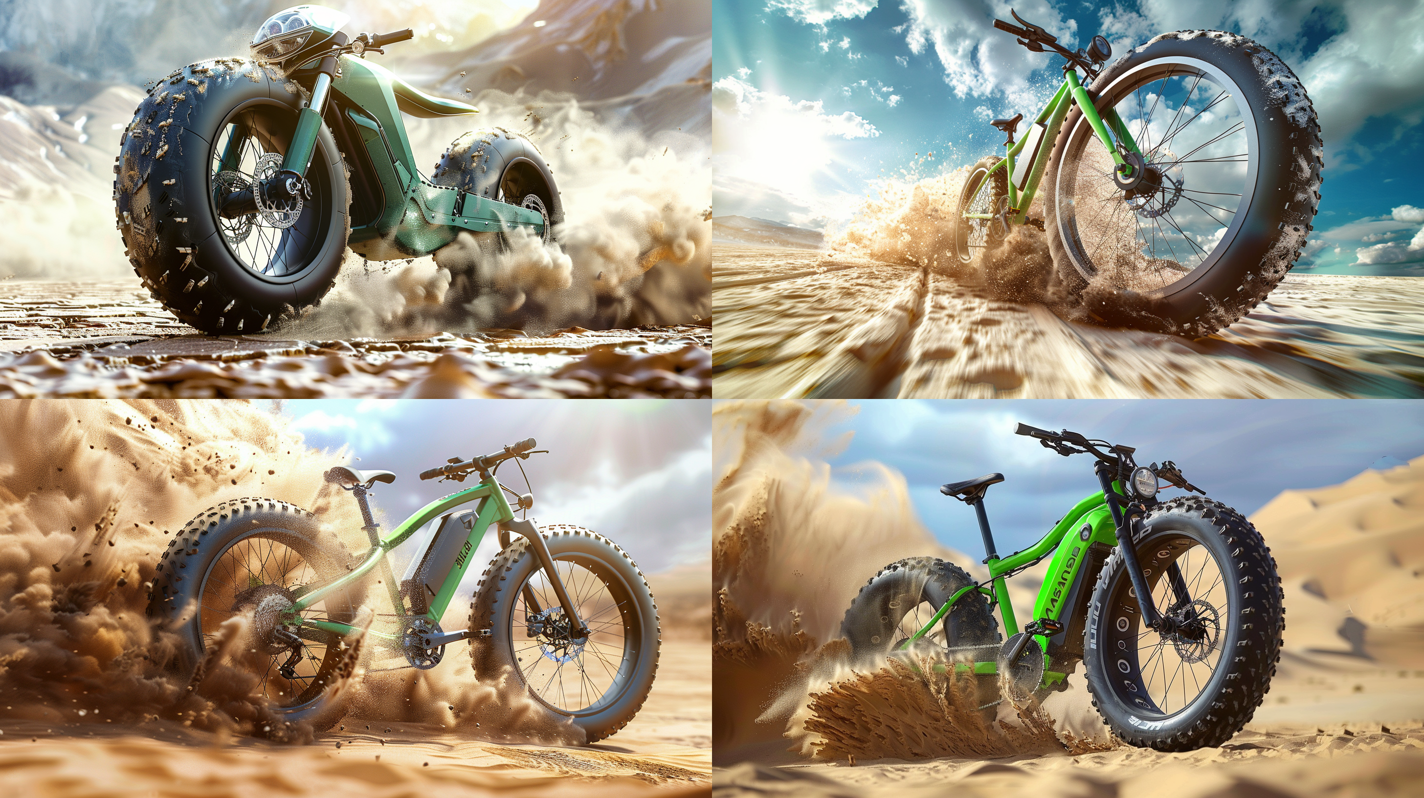 绿色电动自行车沙地飞驰，大前轮抛沙，沙漠背景，灿烂阳光，集成电池组，车架环绕轮胎，风挡反射光线，艺术家风格，低视角，后视图，全景，高分辨率，高细节，写实，特写，长镜头，8k，超写实，高清。