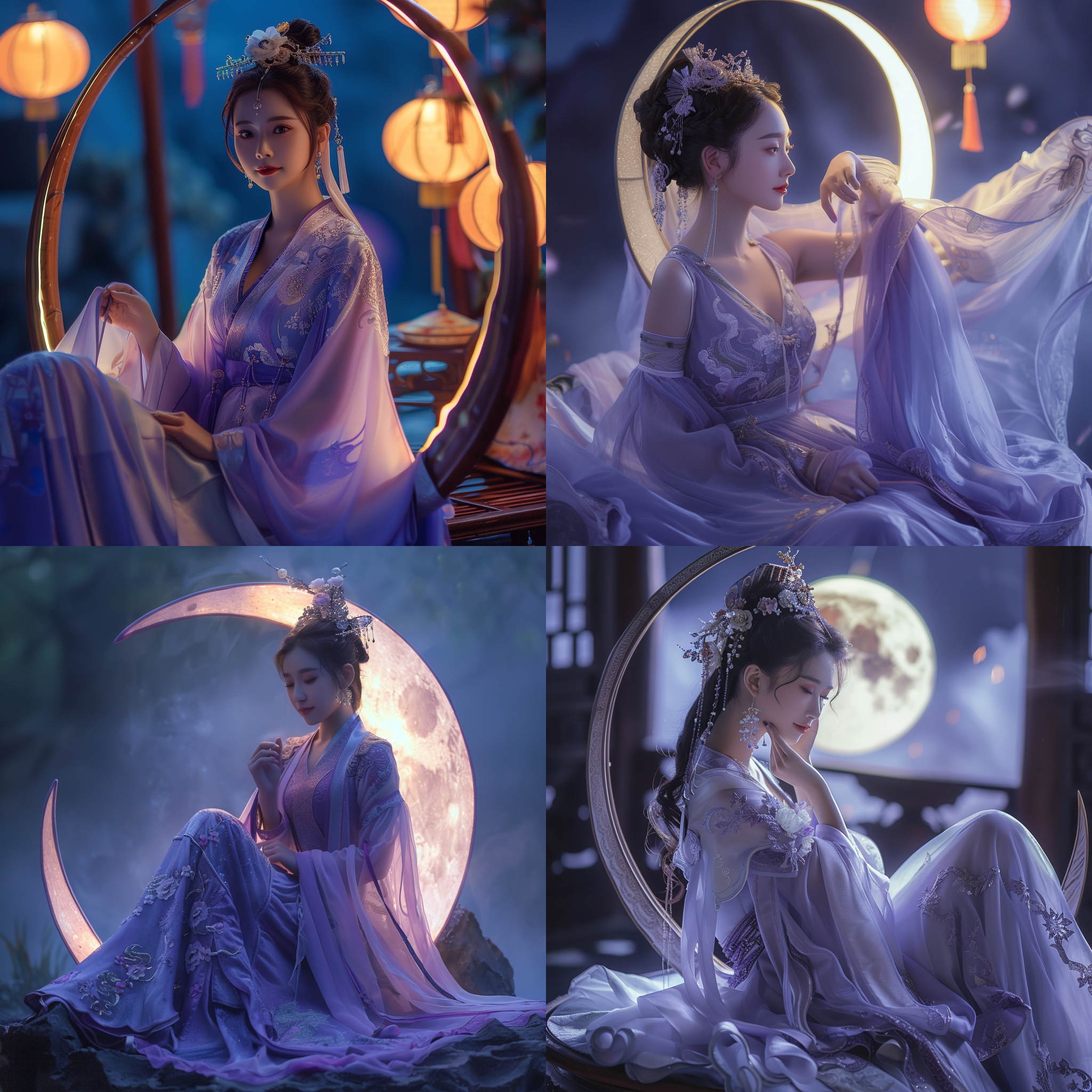 中国古代美女坐月亮型座椅，全身照，高清画质，4k分辨率，夜景，柔和背光，特写镜头，细节丰富，梦幻氛围，紫色与蓝色调，优雅姿态，微笑表情，细节丰富，长裙飘逸，头饰精致，眼神温柔，背景虚化，光影交错。