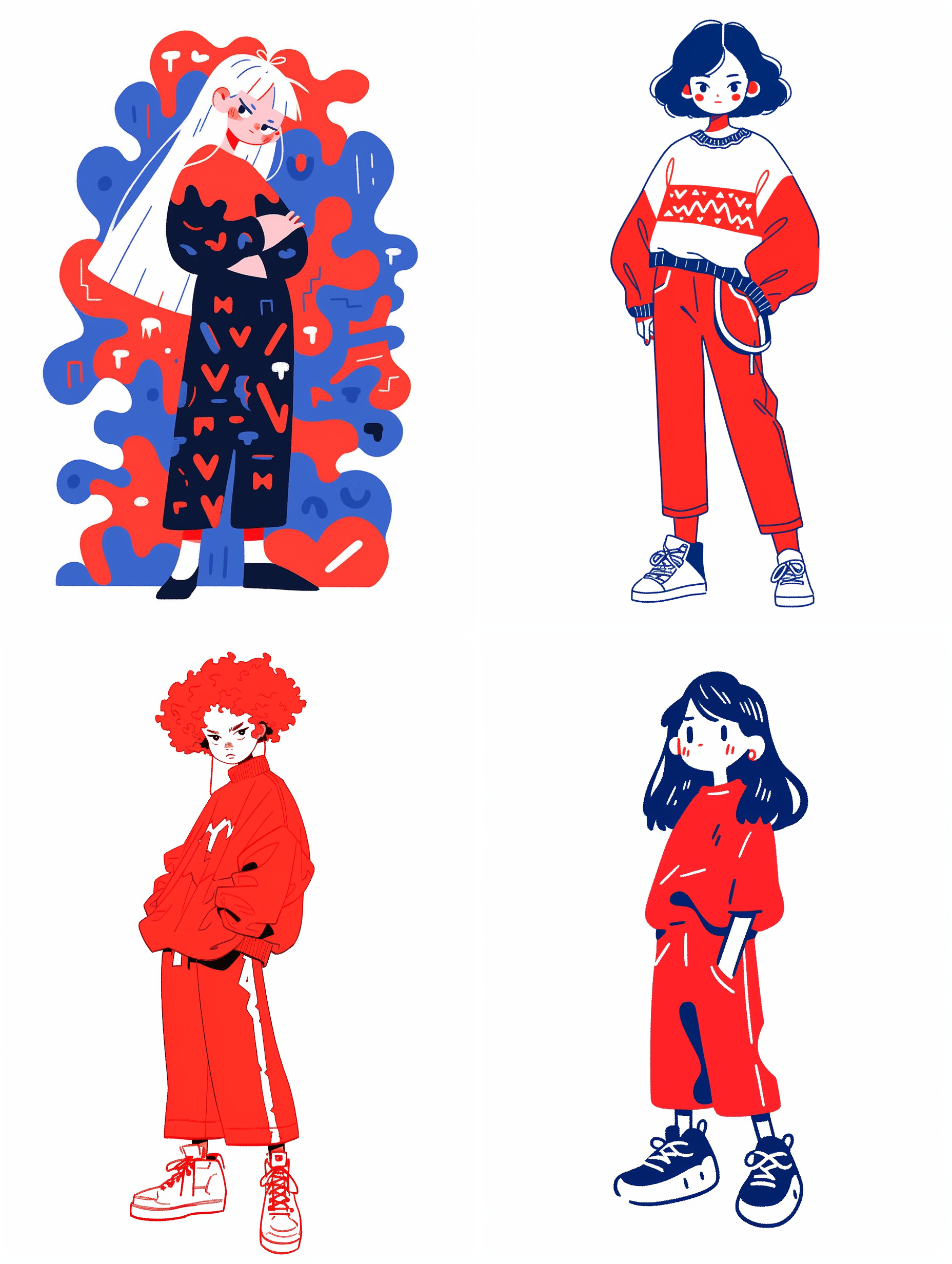 a portrait of girl,sketch, in the style of dark red and indigo,doodle in the style of keith haring,simplified line work,memphis style, full body, white background, charming character illustrations,solid colors, simple details, minimalist,minimal art,flat illustration