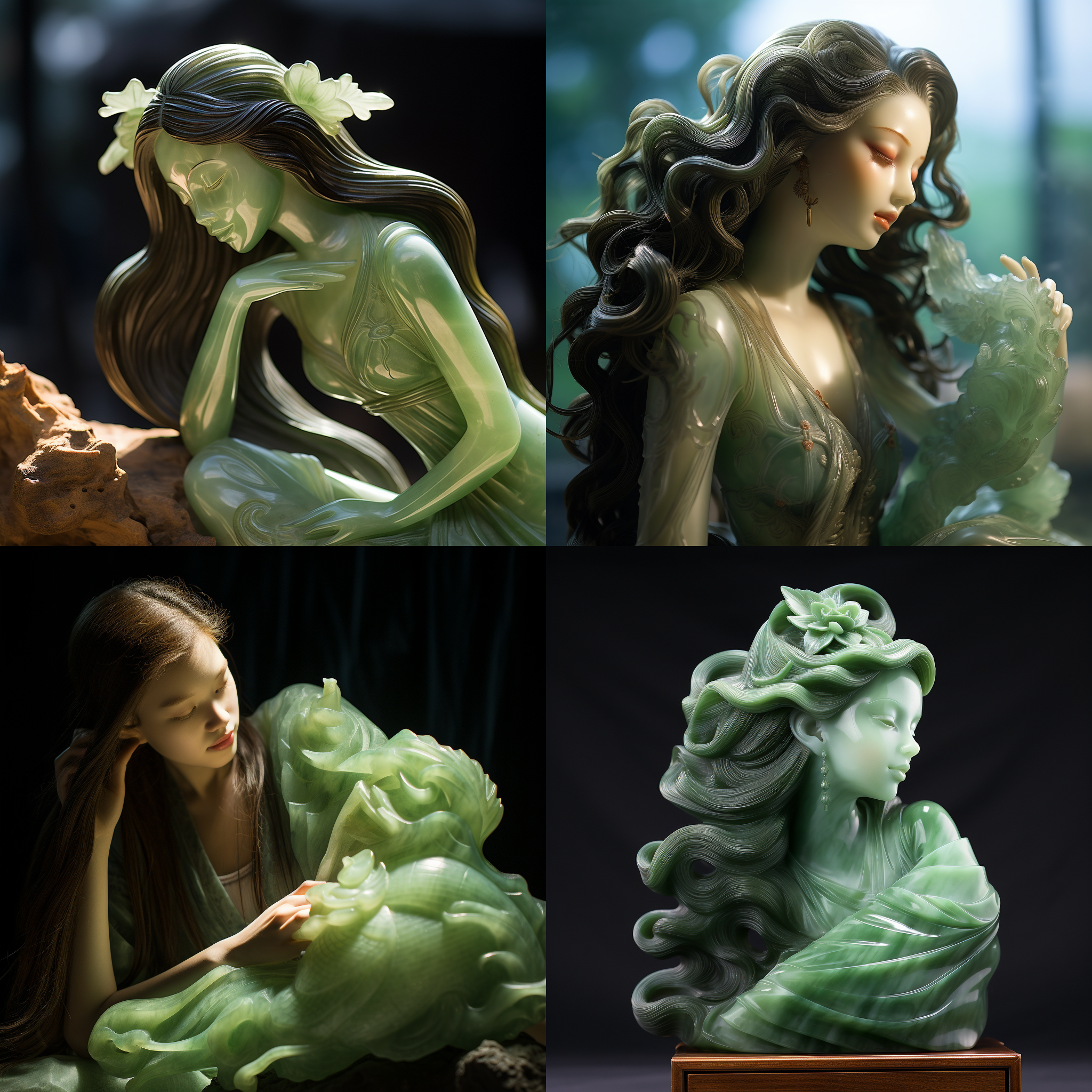 用玉石雕刻成的雕塑，女孩，雕塑感，东方女孩，玉石雕刻成的长发，绿色玉石，逆光，半透明，大光圈，柔光，温暖，半侧面，