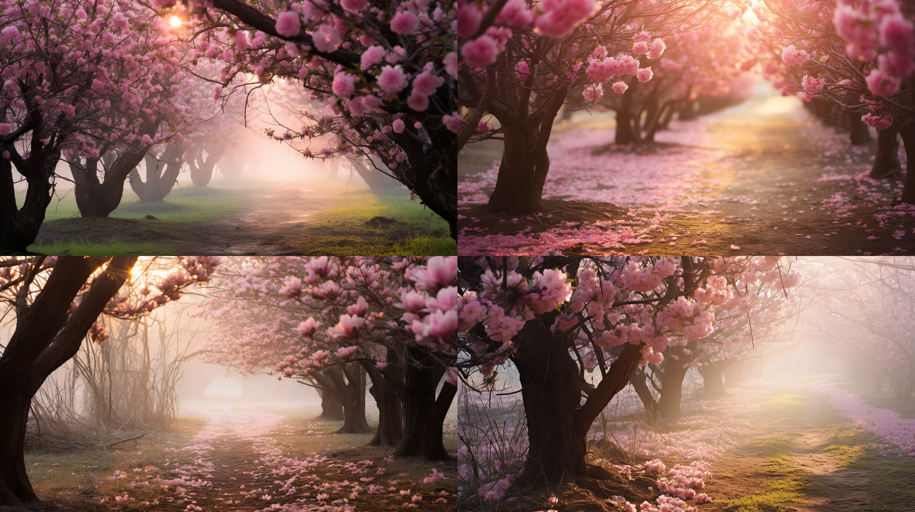 桃树林中，粉色花瓣飘落，树干粗壮，林间小径蜿蜒，清晨薄雾，柔和自然光，长焦镜头，浅景深，浪漫氛围，宁静，和谐。