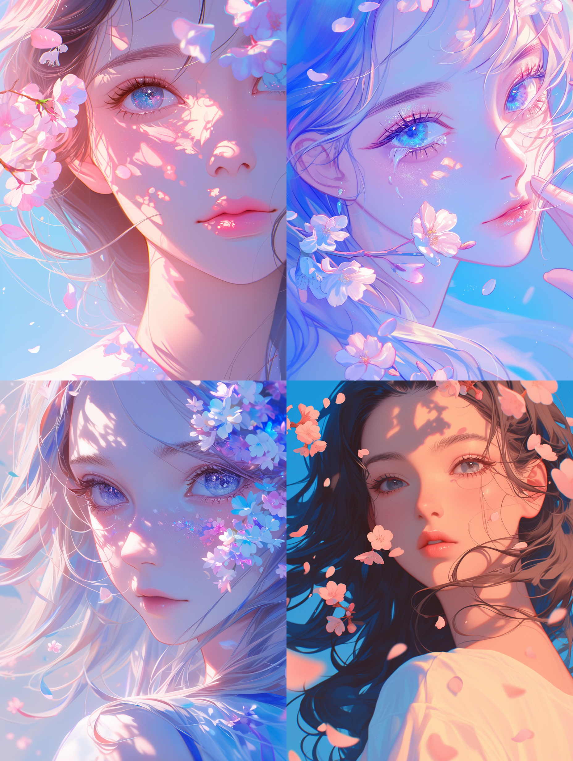 thebeautifulgirlwearsdelicatemakeup,facingthecamerahead-on,cherryblossompetalsdriftinginfrontofthelens,sunlightgentlykissingherface,withatouchofbluehues.