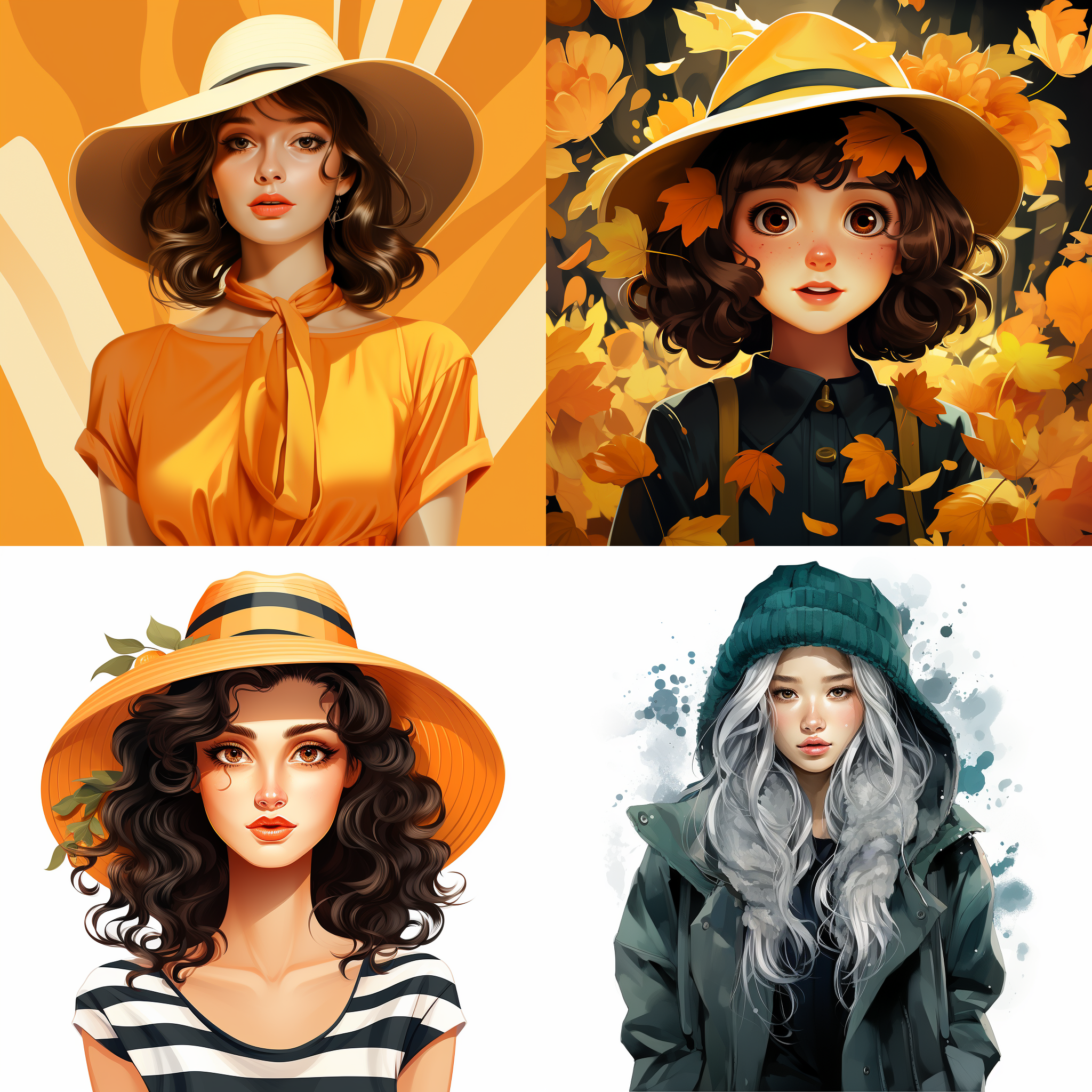 美丽女孩，大眼睛，雪白的皮肤，平面插画，和谐配色，简约背景，细节丰富，宁静，纯净色彩。