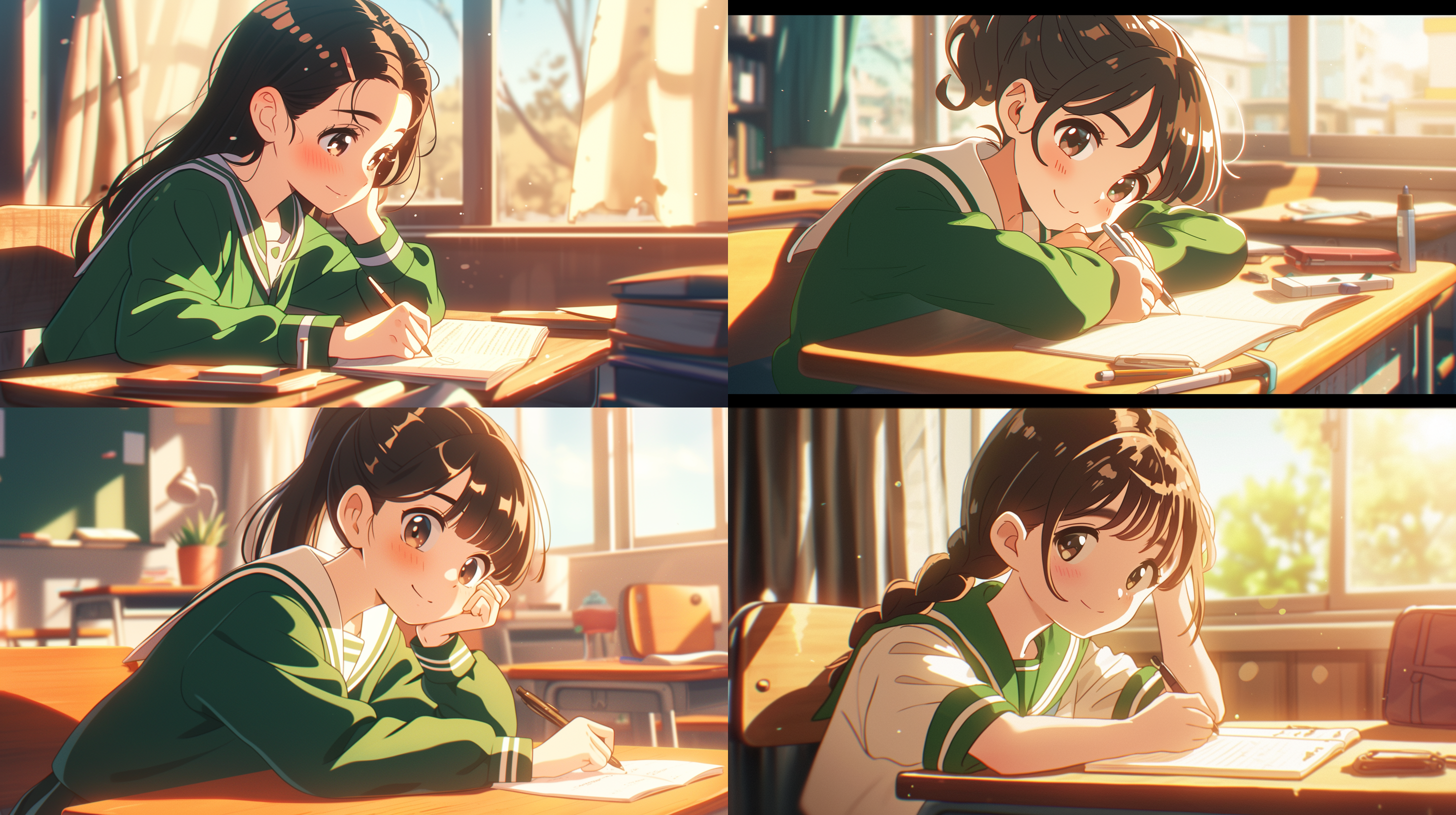 近景，吉卜力风格，高中女生，木质书桌，写日记，温馨微笑，自然光，柔和色彩，细腻笔触，专注表情，室内环境，温馨氛围。