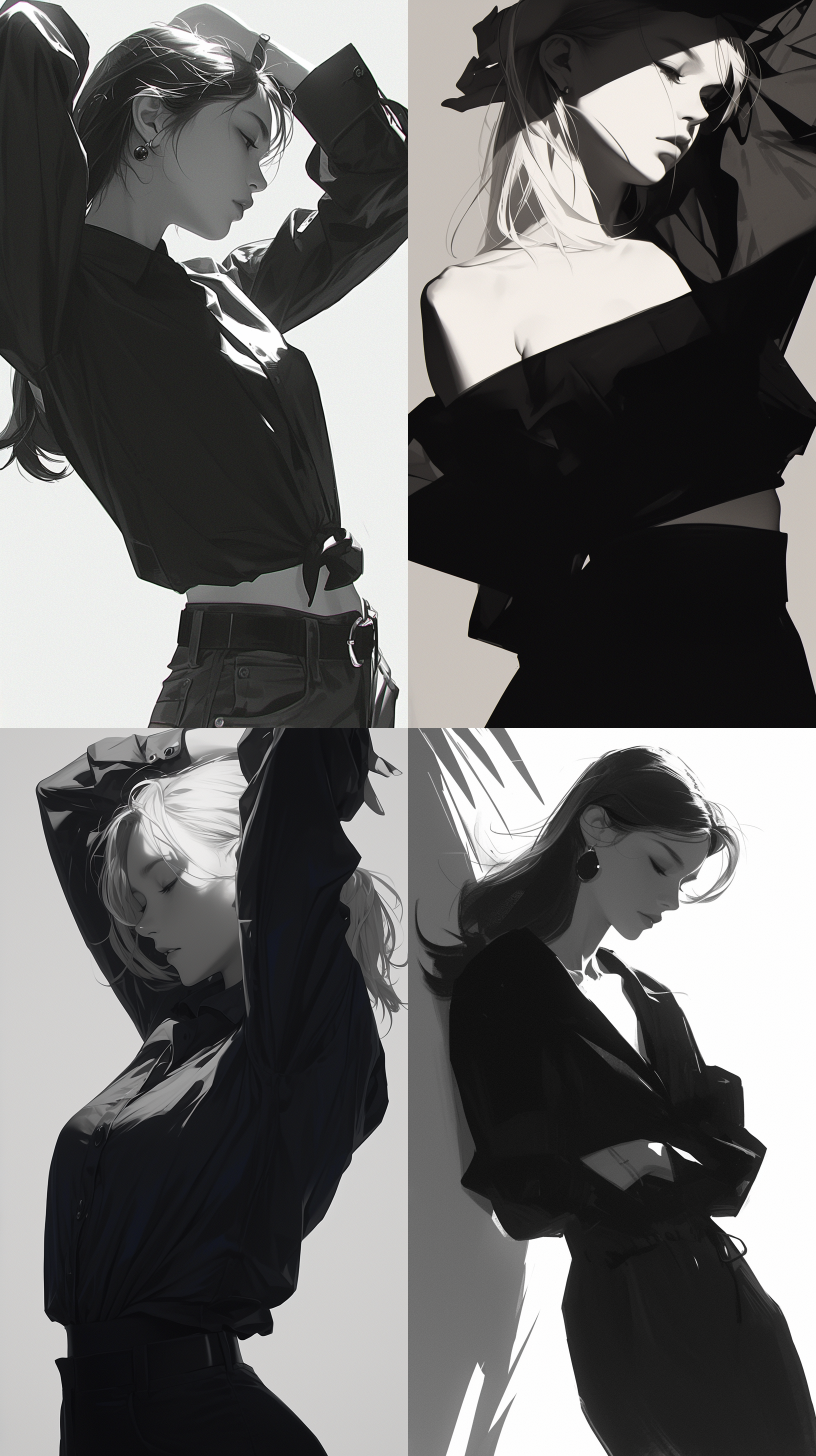 简约线条描绘女性姿态的柔美，黑白灰调，唯美简约风格，动态捕捉，低饱和度，长焦镜头，逆光，柔美感，艺术氛围